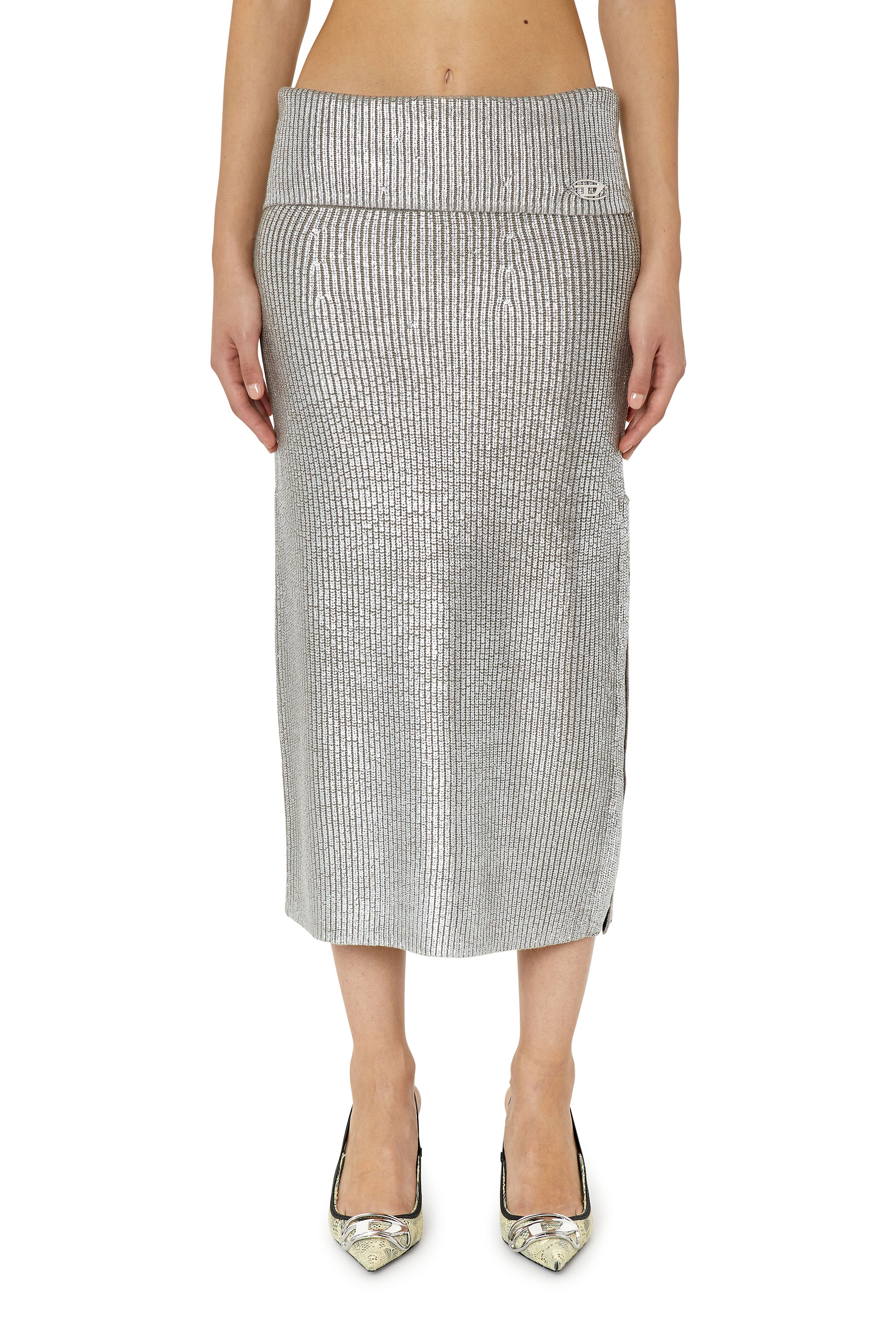 Diesel - M-ADHUETTE, Woman's Wool skirt with foil print in Light Grey - 4