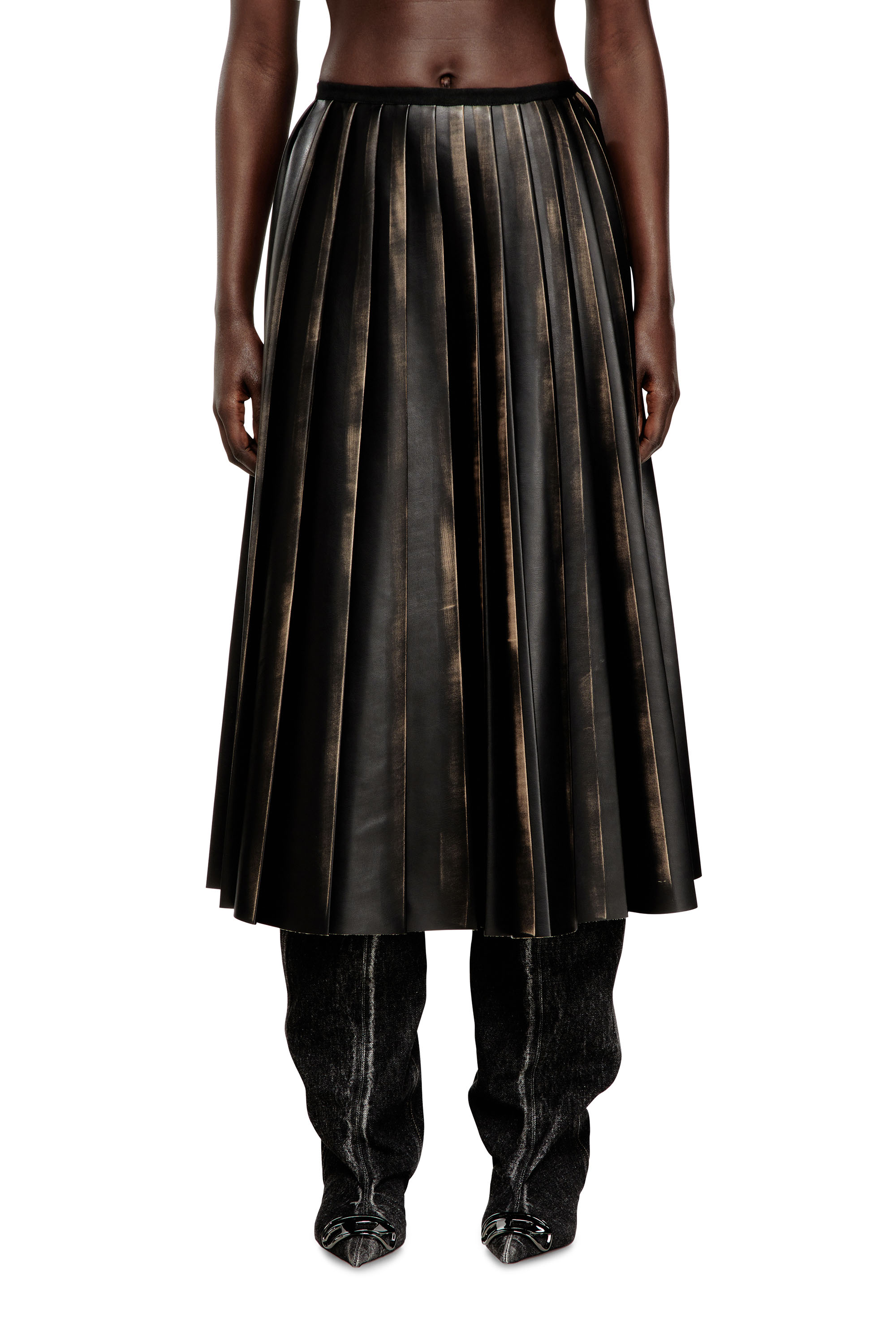 Diesel - O-SAKA, Female's Distressed pleated midi skirt in Black/Brown - 1