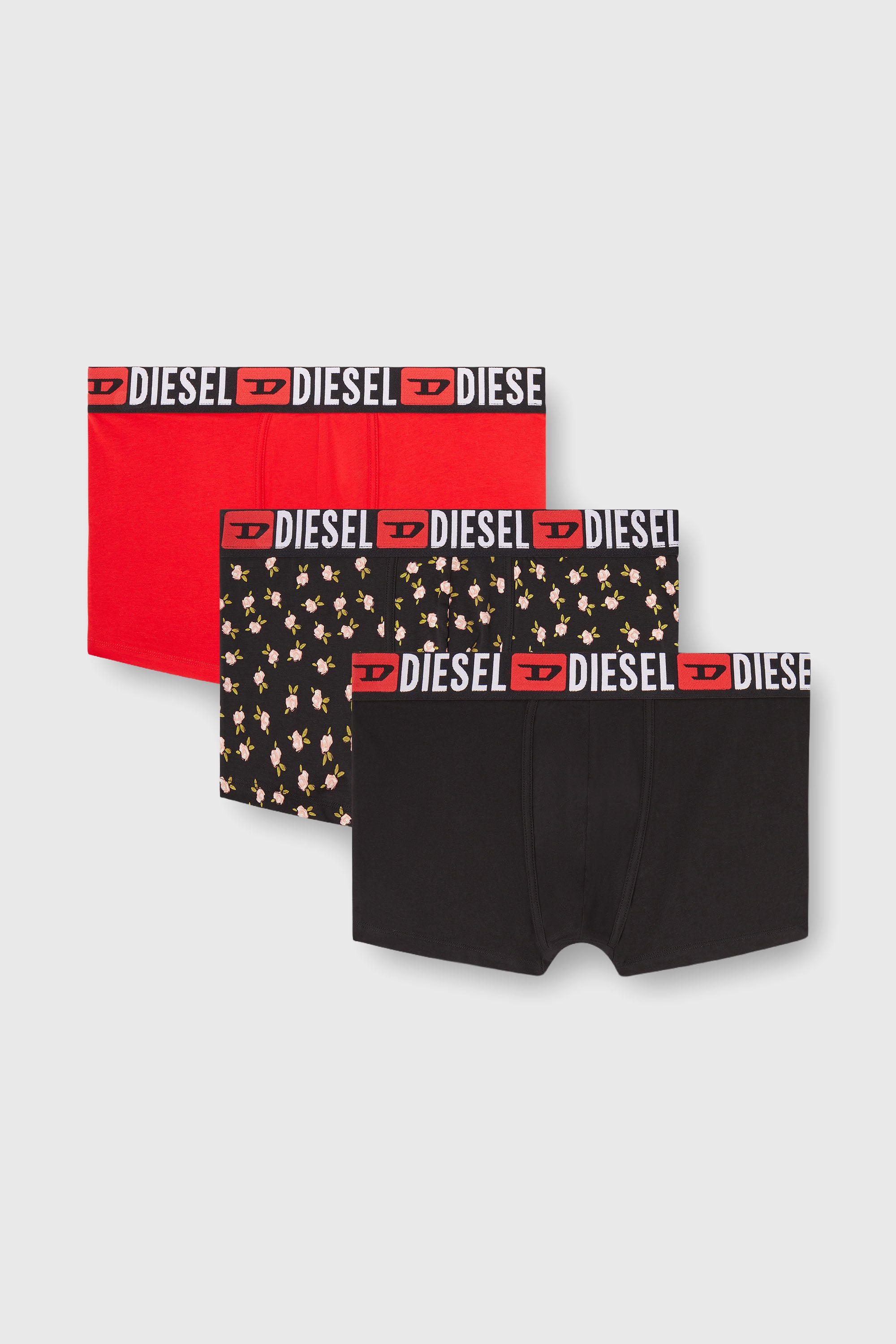 Diesel - UMBX-DAMIENTHREEPACK, Male's Three-pack of stretch cotton trunks with floral print in Black/Red - 1