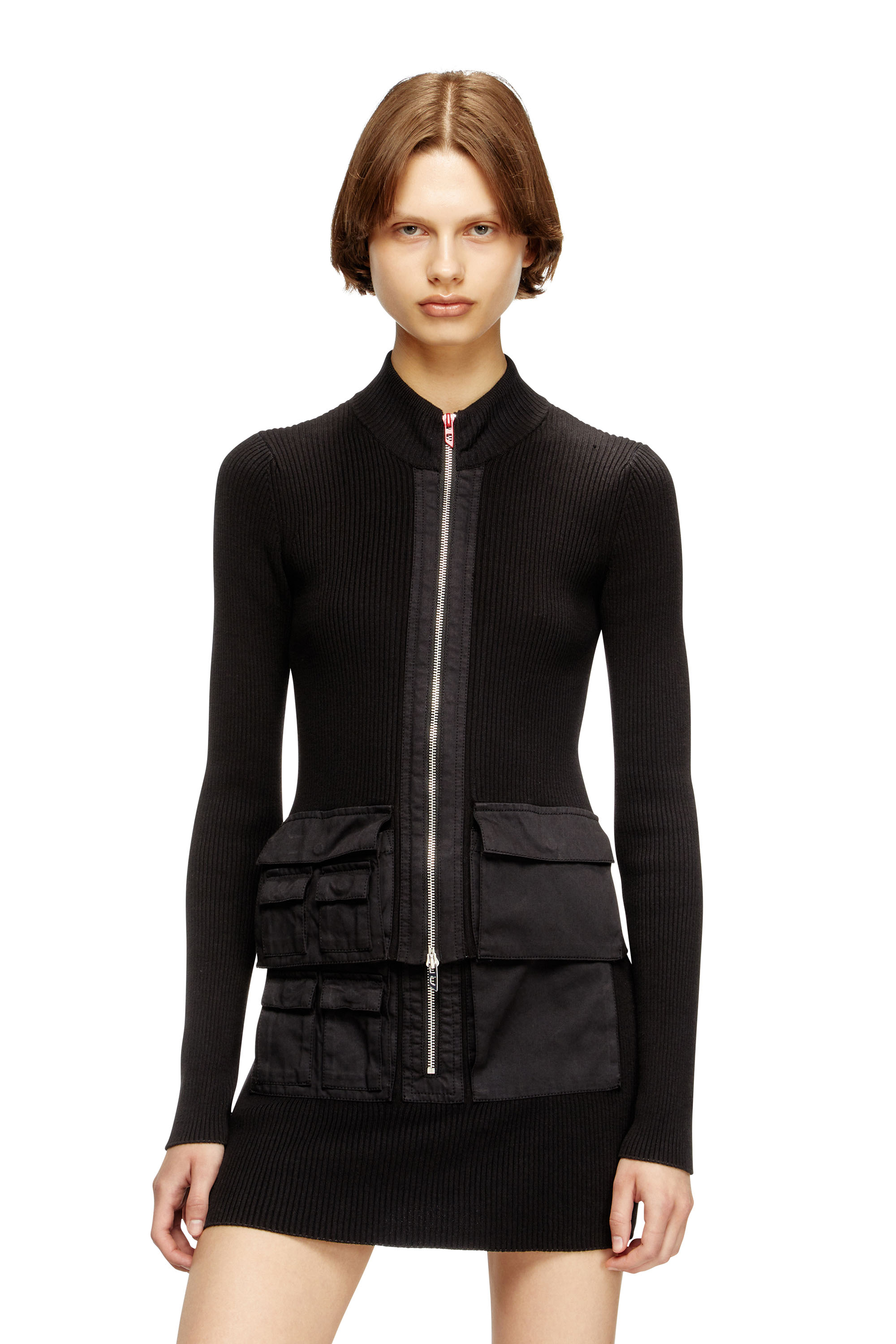 Diesel - M-MELISSA, Female's Ribbed dress with cargo pockets in Black - 1