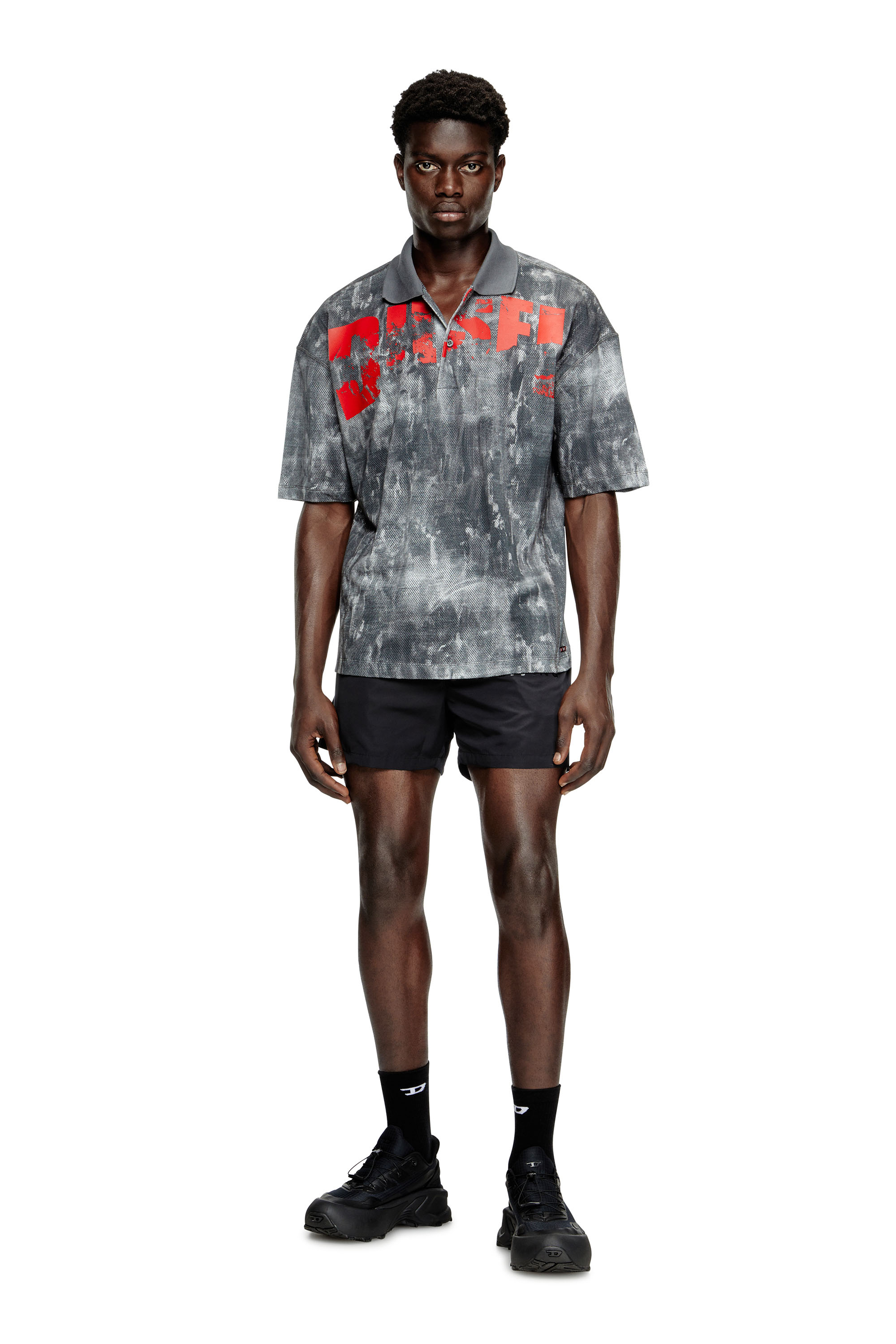 Diesel - TIMOTHEE-D-POP, Man's Beach polo shirt in printed mesh in Black/Red - 2