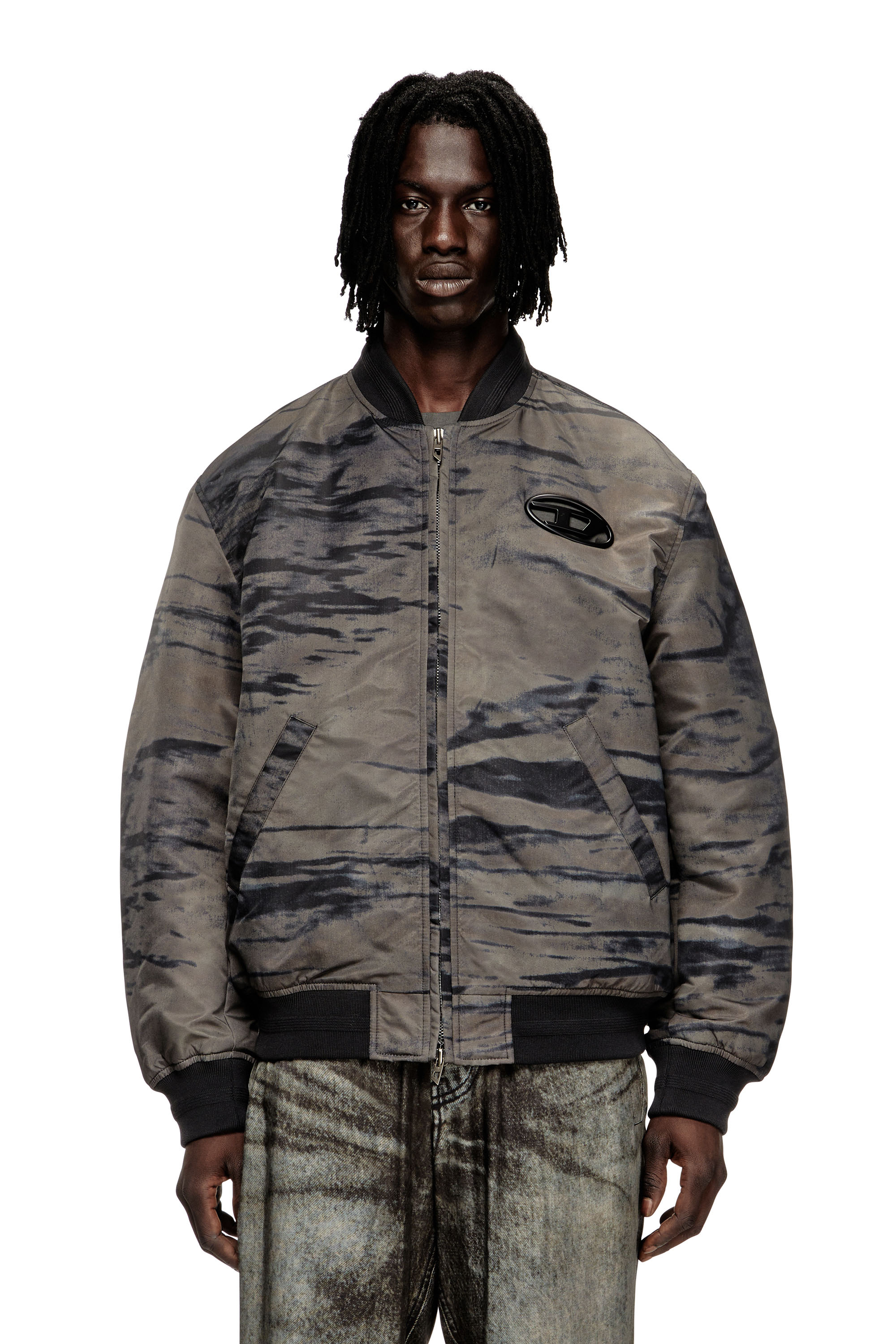 Diesel - J-KEPES-DLBZ, Male's Padded bomber jacket in printed satin in Black/Grey - 3