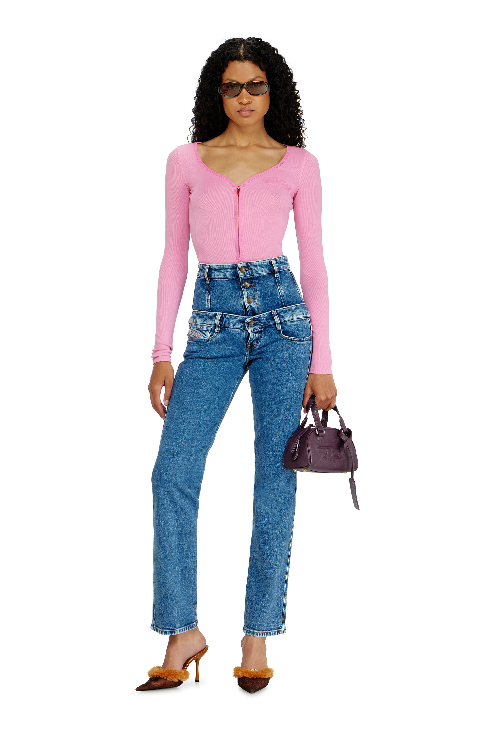Diesel - T-RIBI-LS-AA1, Top slim de lyocell con cuello en V y zip Mujer in Rosa - 2