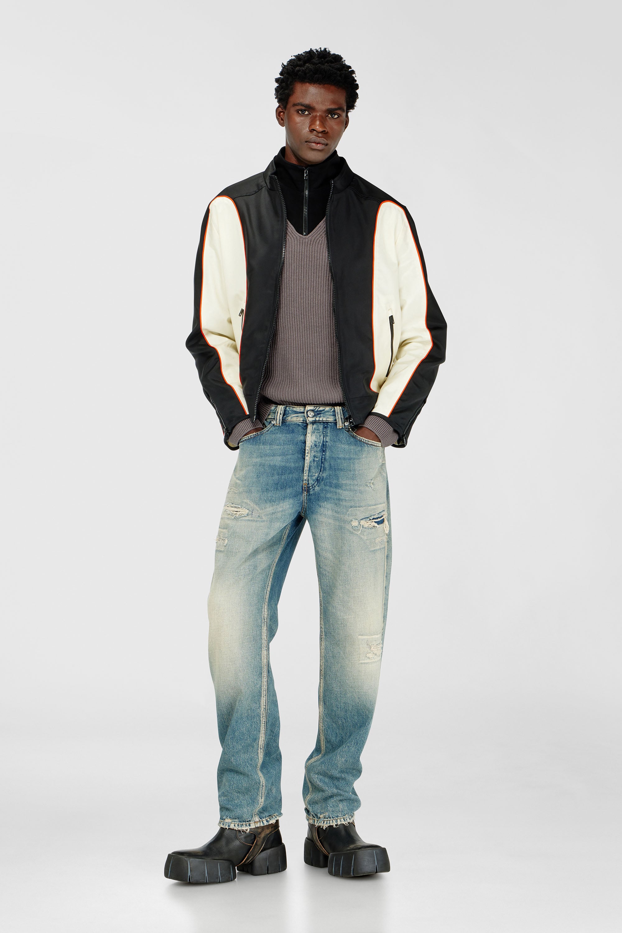 Diesel - J-BLINK-WRD, Male's Nylon jacket with color block and piping details in Black/White - 2