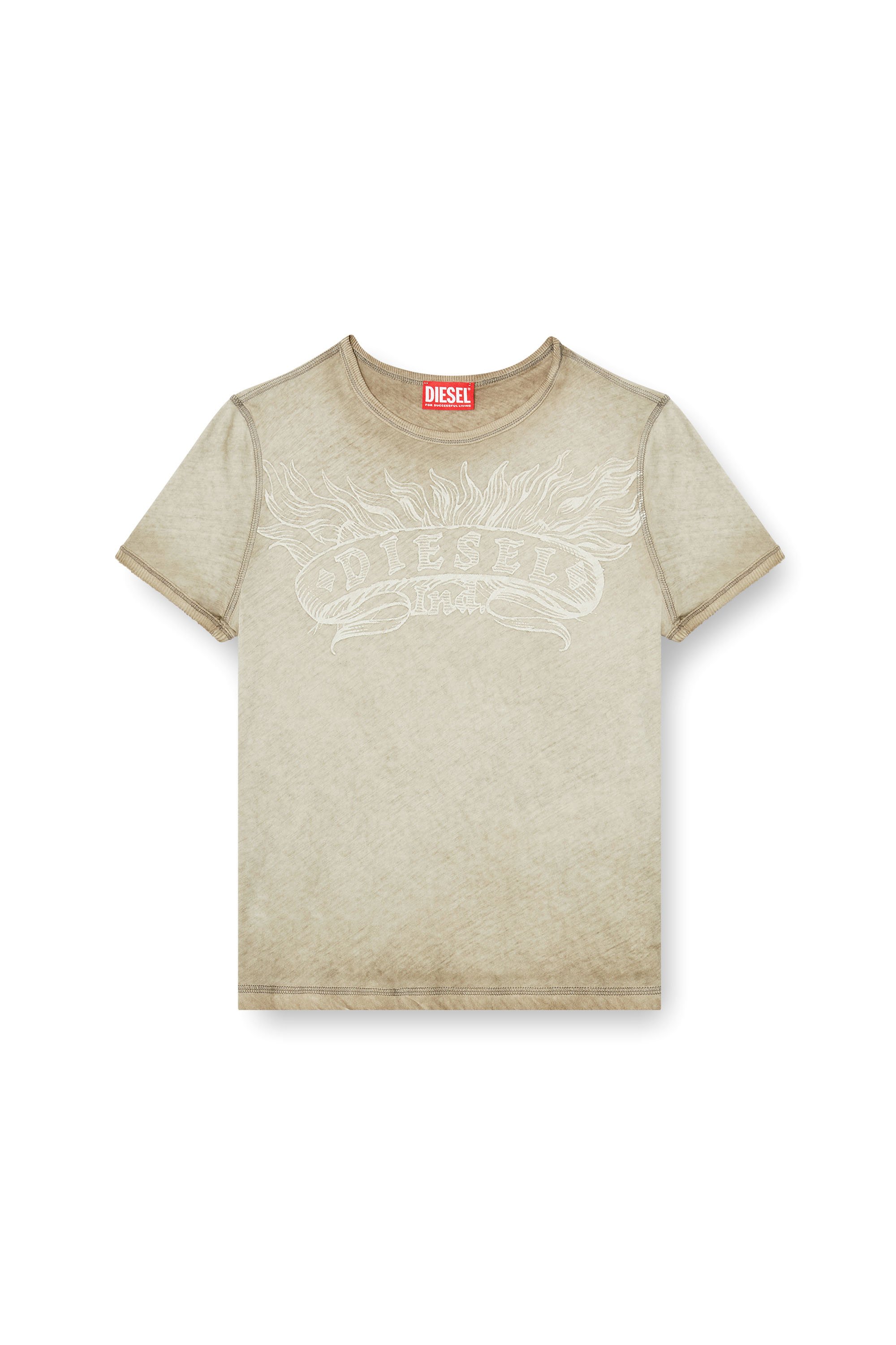 Diesel - T-UNCUTIES-LONG-AA2, Camiseta slim con logo tonal estampado Mujer in Beige - 3