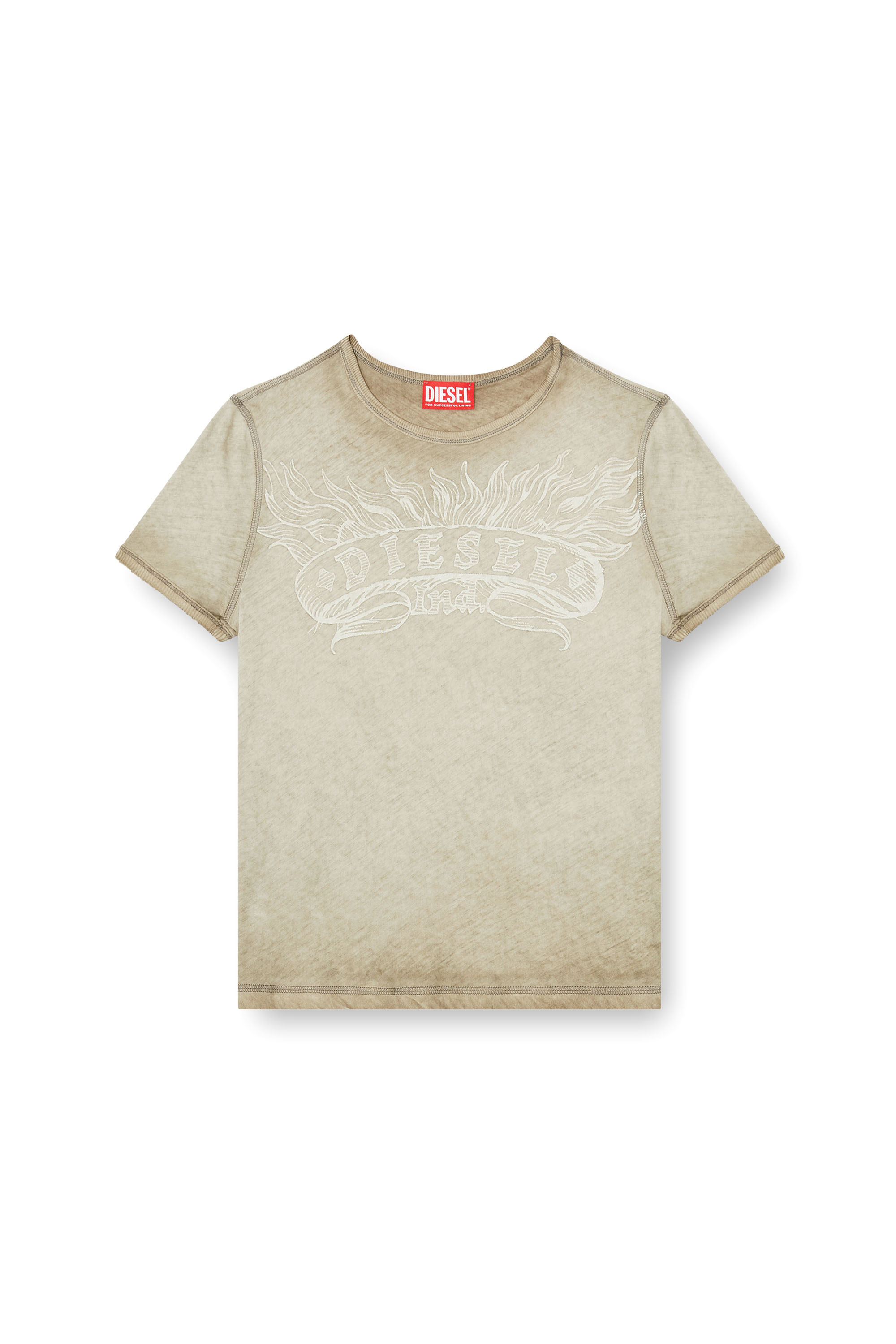 Diesel - T-UNCUTIES-LONG-AA2, Woman's Slim T-shirt with tonal logo print in Beige - 2