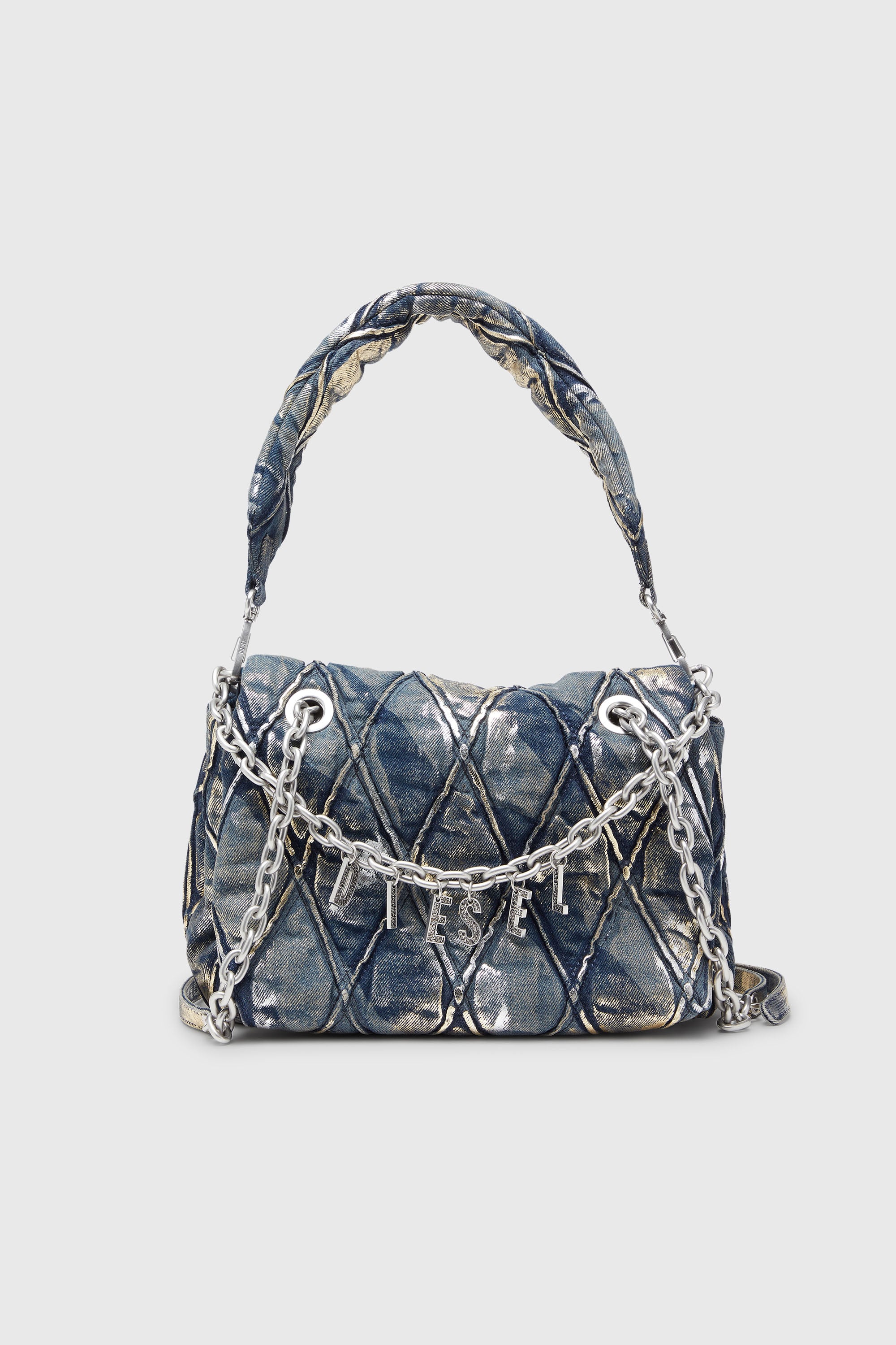 Diesel - CHARM-D SHOULDER M, Woman's Charm-D - Shoulder bag in metallic-foil denim in Blue - 1