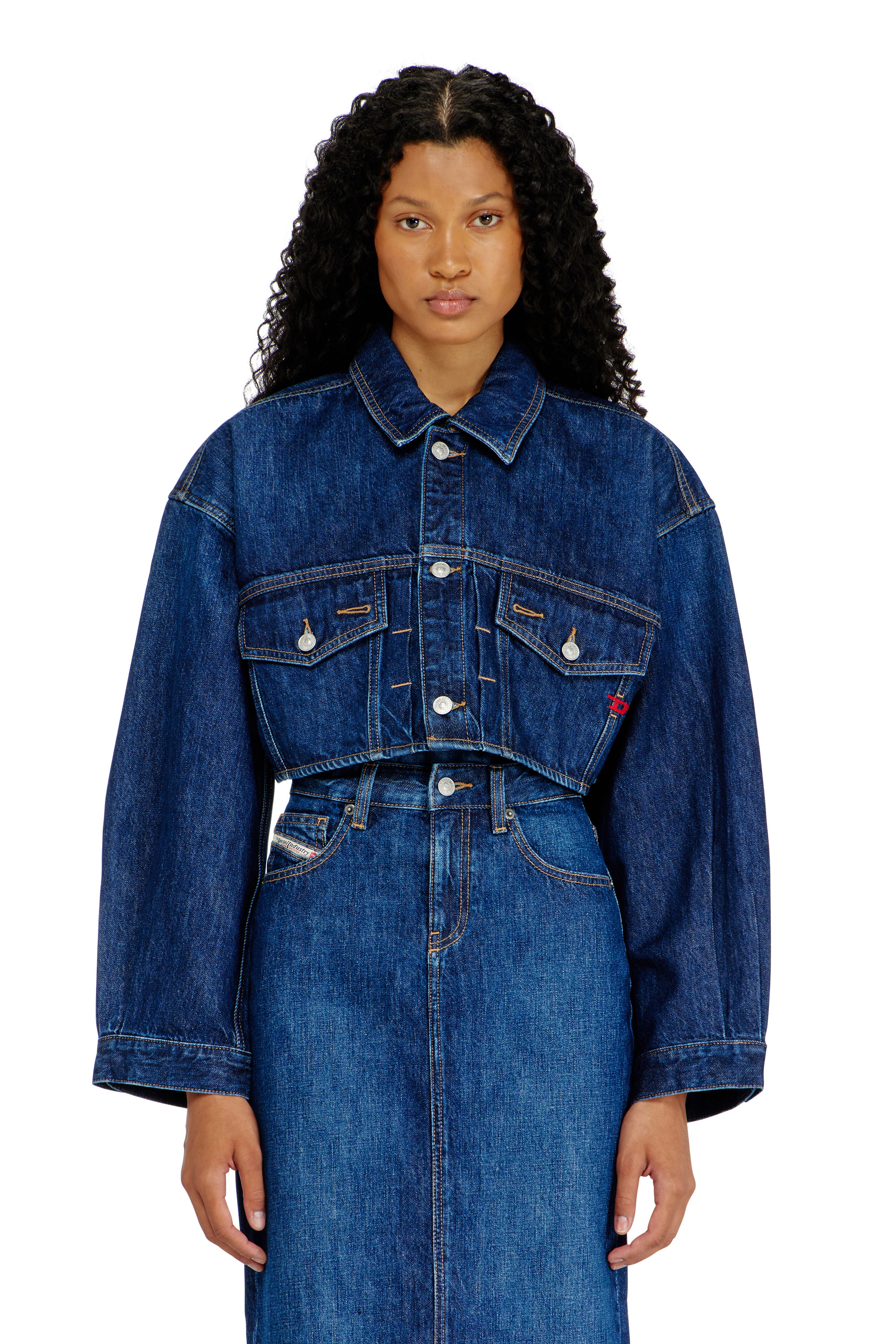 Diesel - DE-MALLEY, Chaqueta trucker denim cropped oversize Mujer in Azul marino - 3