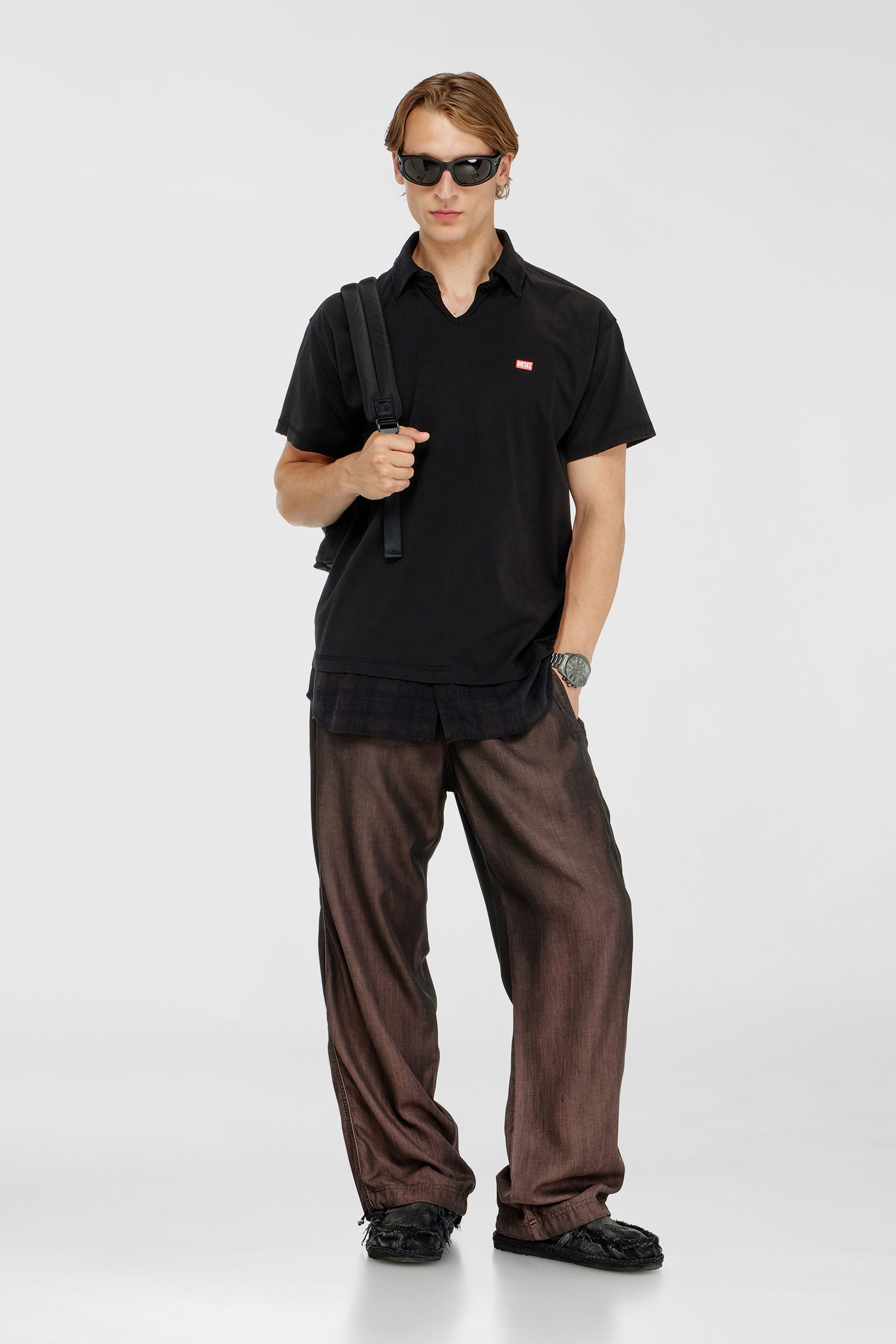 Diesel - T-ANSEL, Polo de punto con detalles de franela a cuadros Hombre in Negro - 1