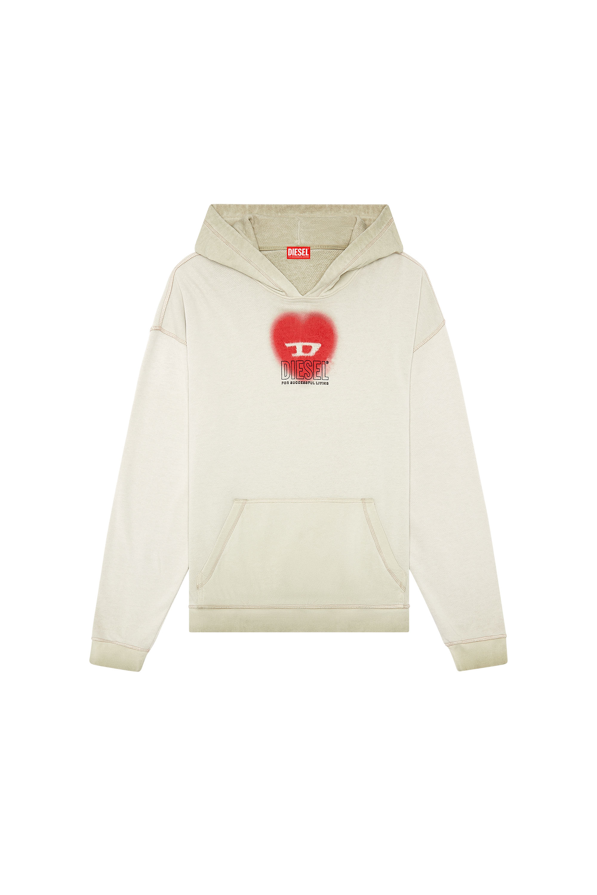 Diesel - S-BOXT-HOOD-N10, Man's Faded hoodie with heart print in Beige - 2