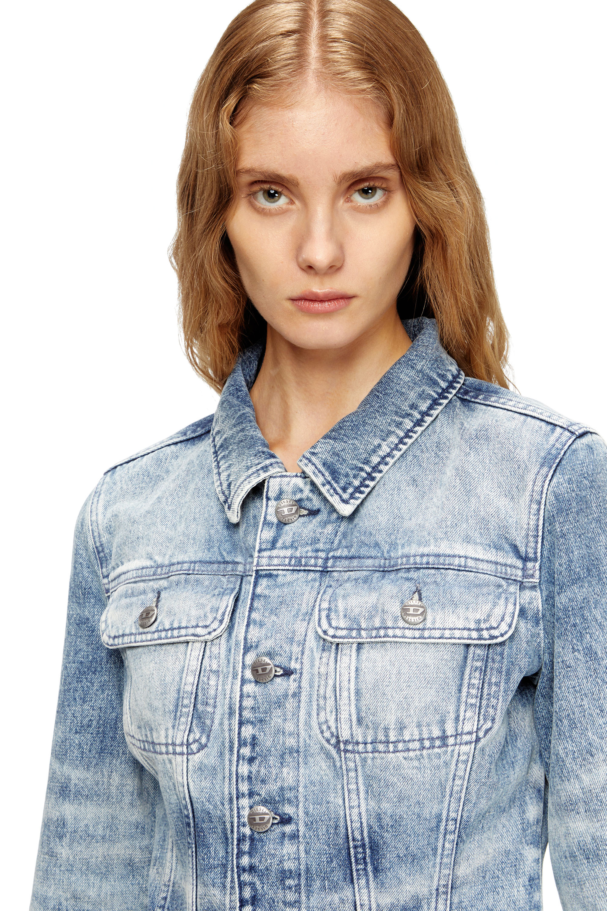 Diesel - DE-KATERIN-FSH, Veste cintrée en denim de coton et chanvre gravé au laser Femme in Bleu - 4