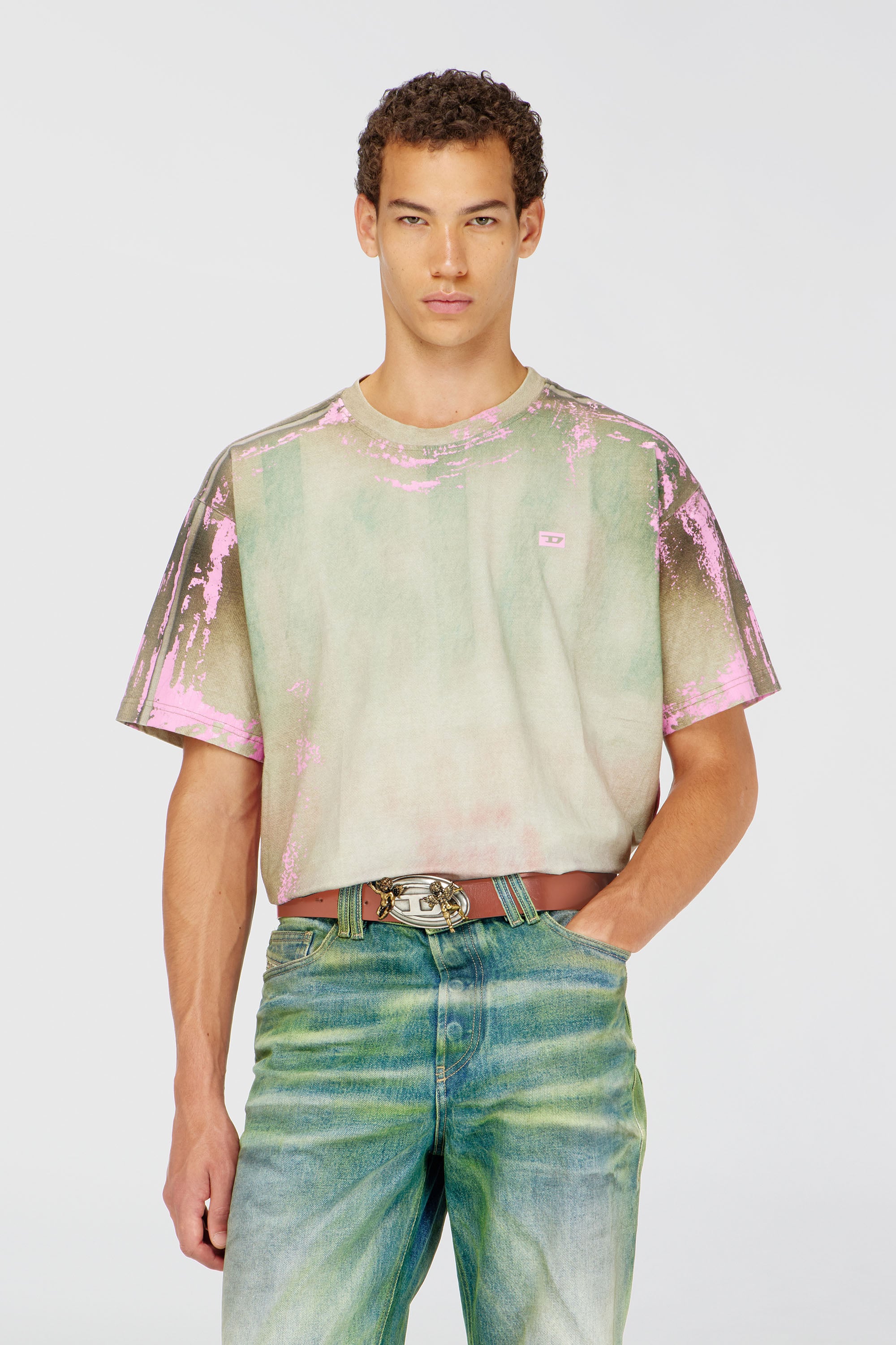 Diesel - T-FILMY-SHO, Man's T-shirt in cracked leather-effect jersey in Pink/Green - 3