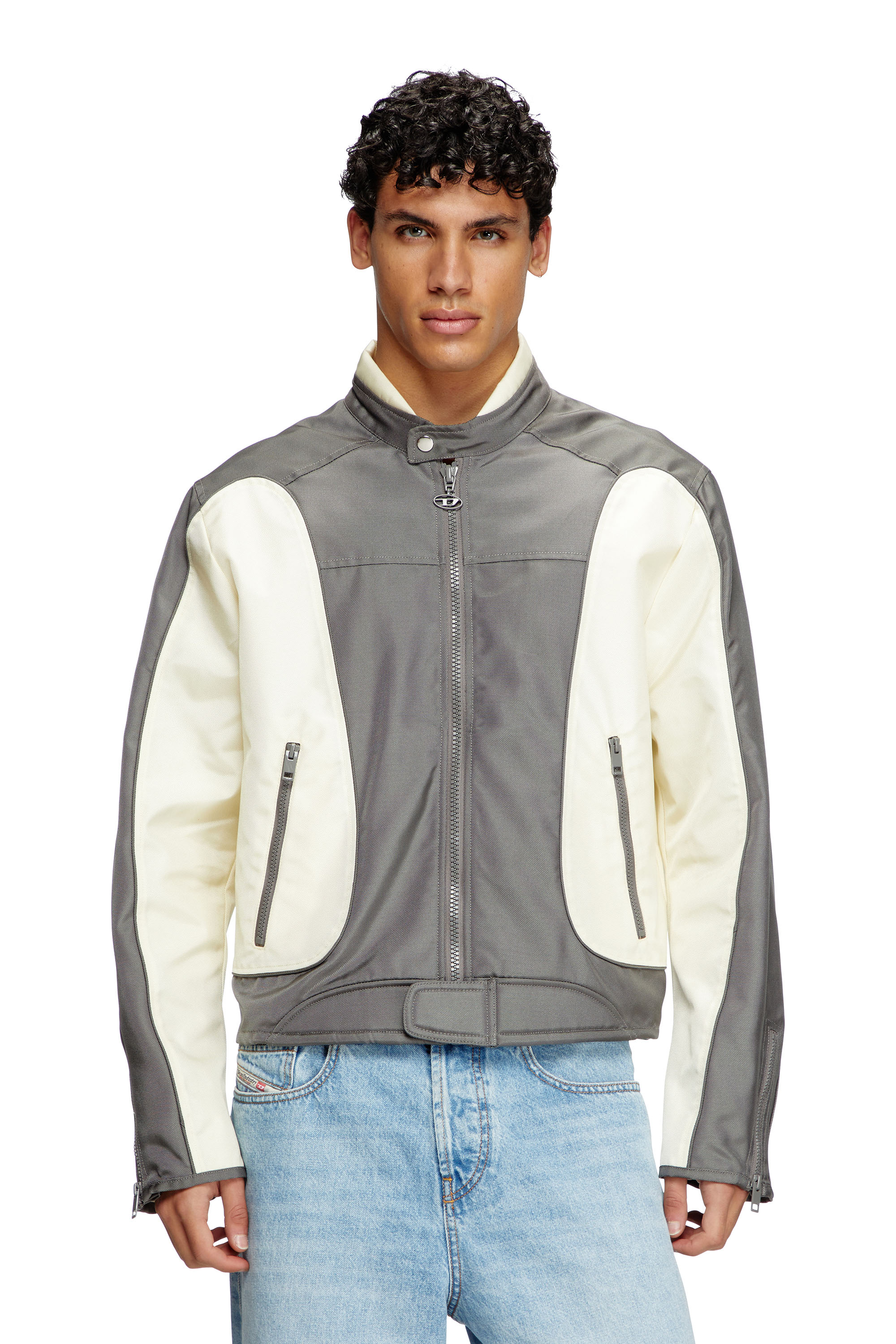 Diesel - J-BLINK-A, Male's Colour-block biker jacket with piping in Grey/White - 3