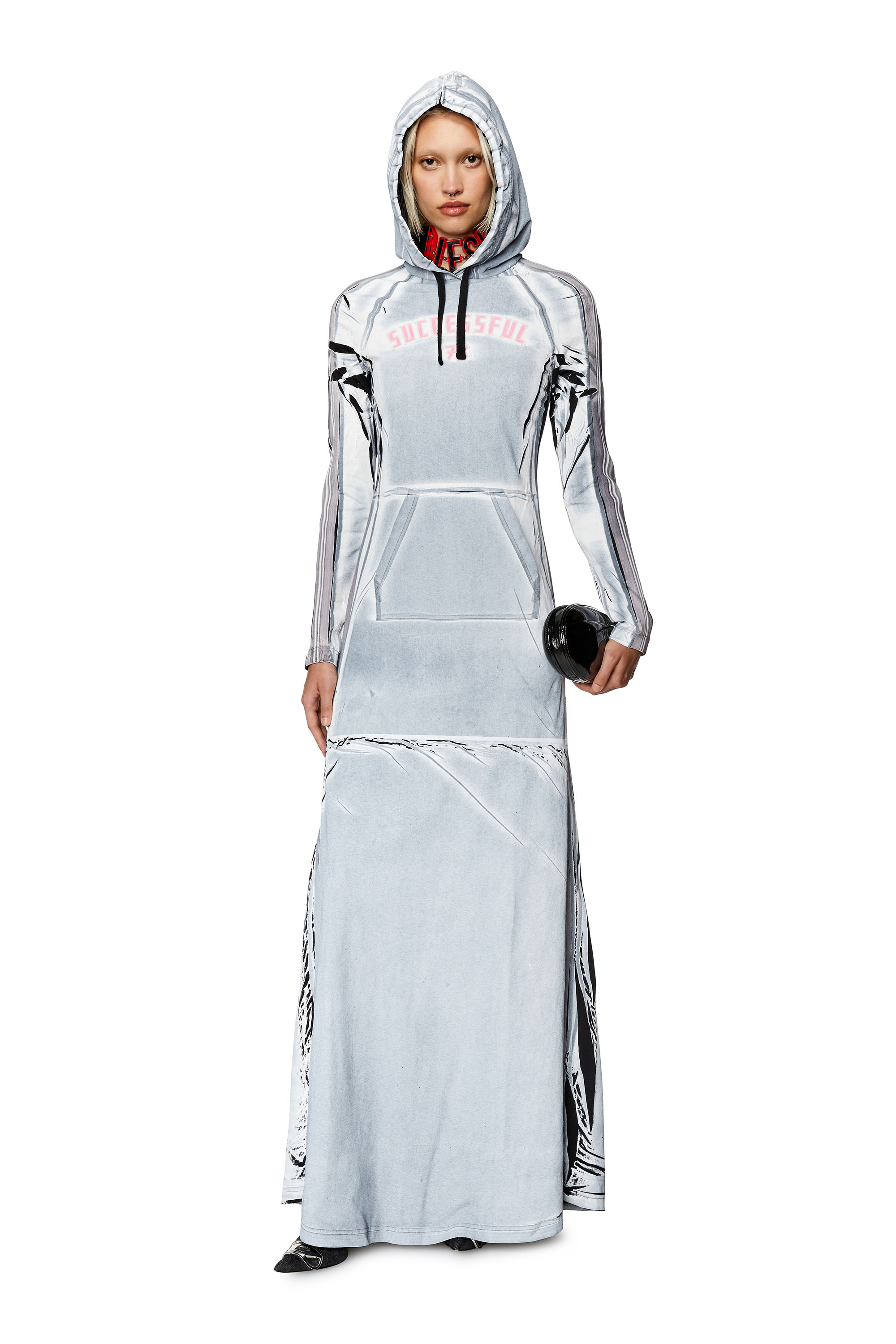 Diesel - D-ARAL, Woman's Hoodie dress with shadowy over print in Light Blue - 1