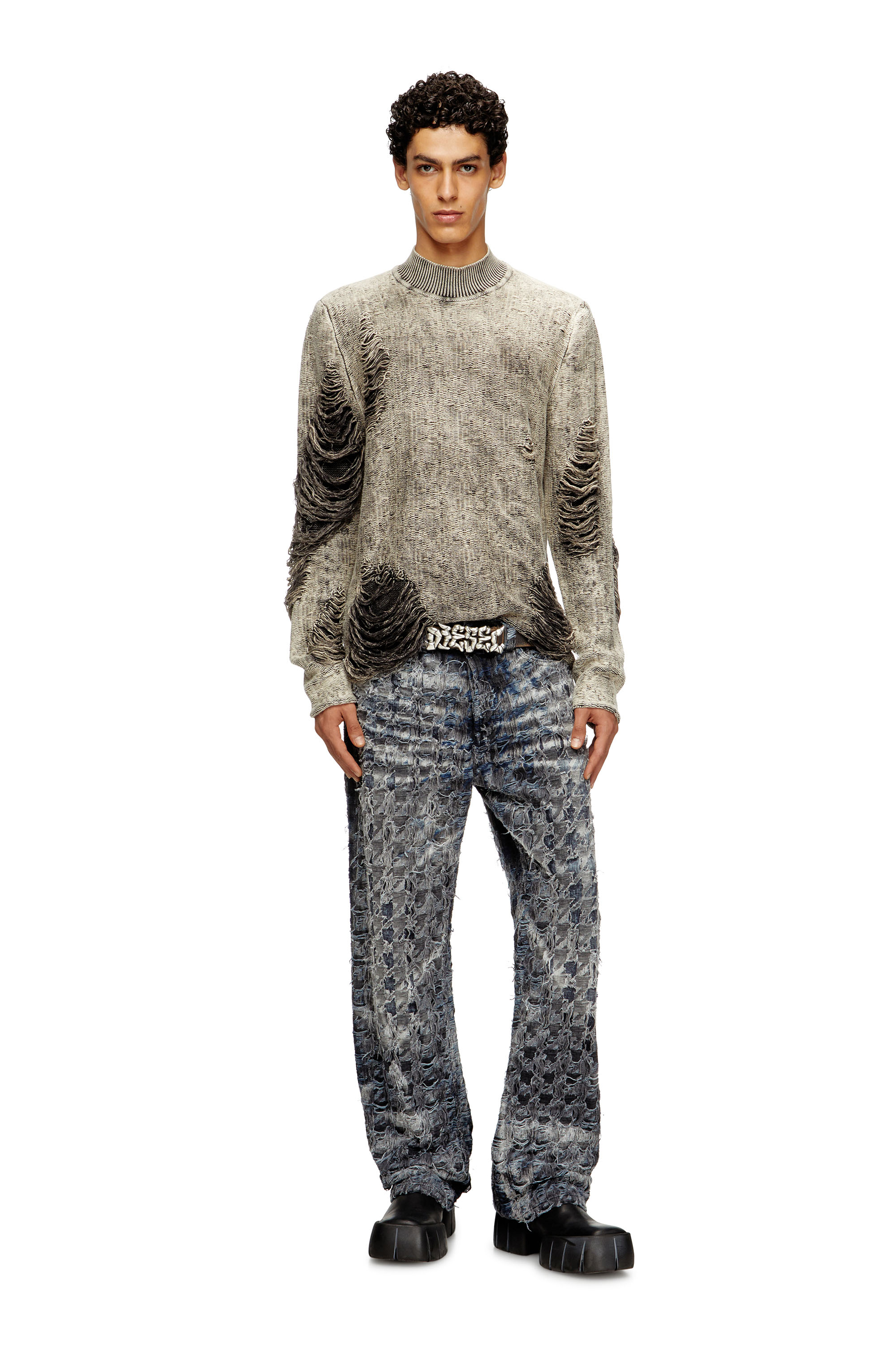 Diesel - K-FJORDI, Male's Destroyed jumper with floating yarns in Grey - 2
