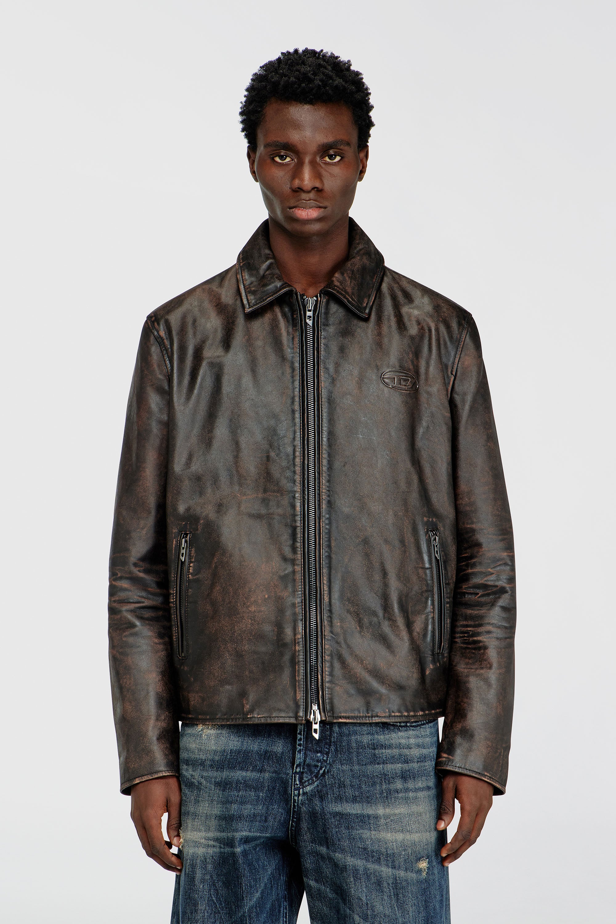 Diesel - L-AMAR-WRD, Chaqueta de entrenador en cuero tratado Hombre in Marr&oacute;n - 1