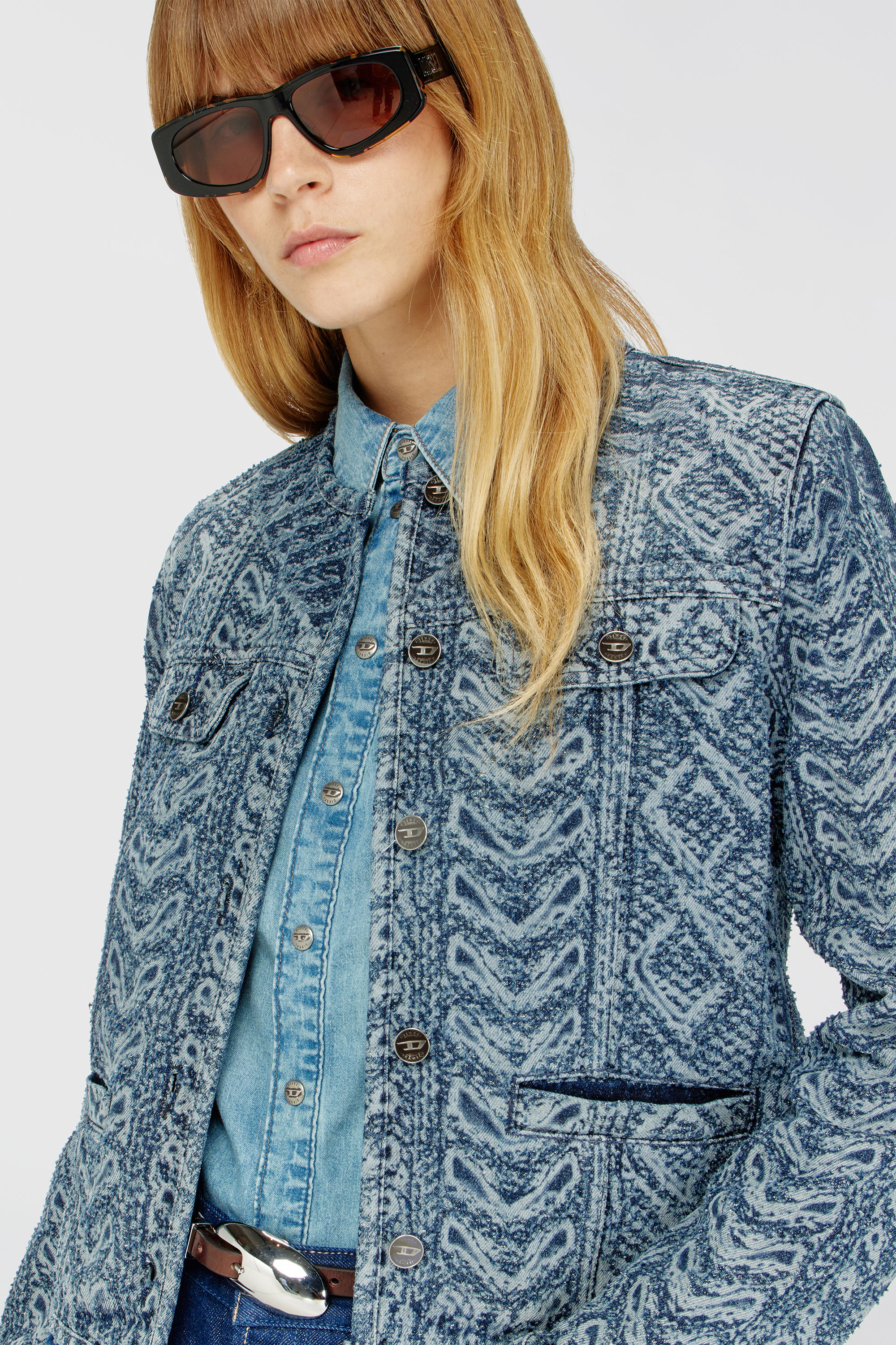 Diesel - DE-GRAFY-S2, Woman's Collarless jacket in cable-knit-effect denim in Medium blue - 4