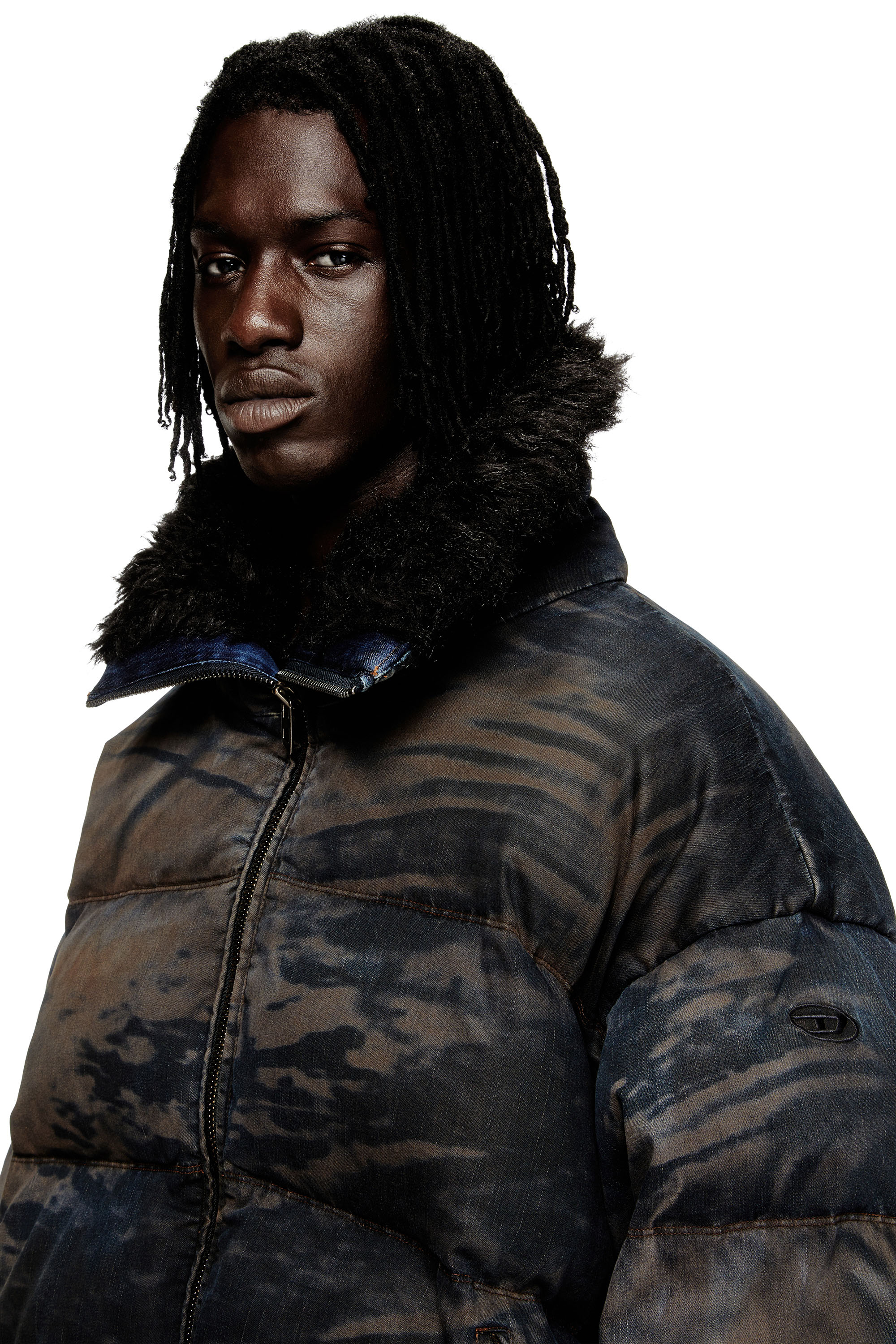 Diesel - W-JOHNS, Male's Puffer jacket in dirt-effect camo denim in Black/Brown - 4