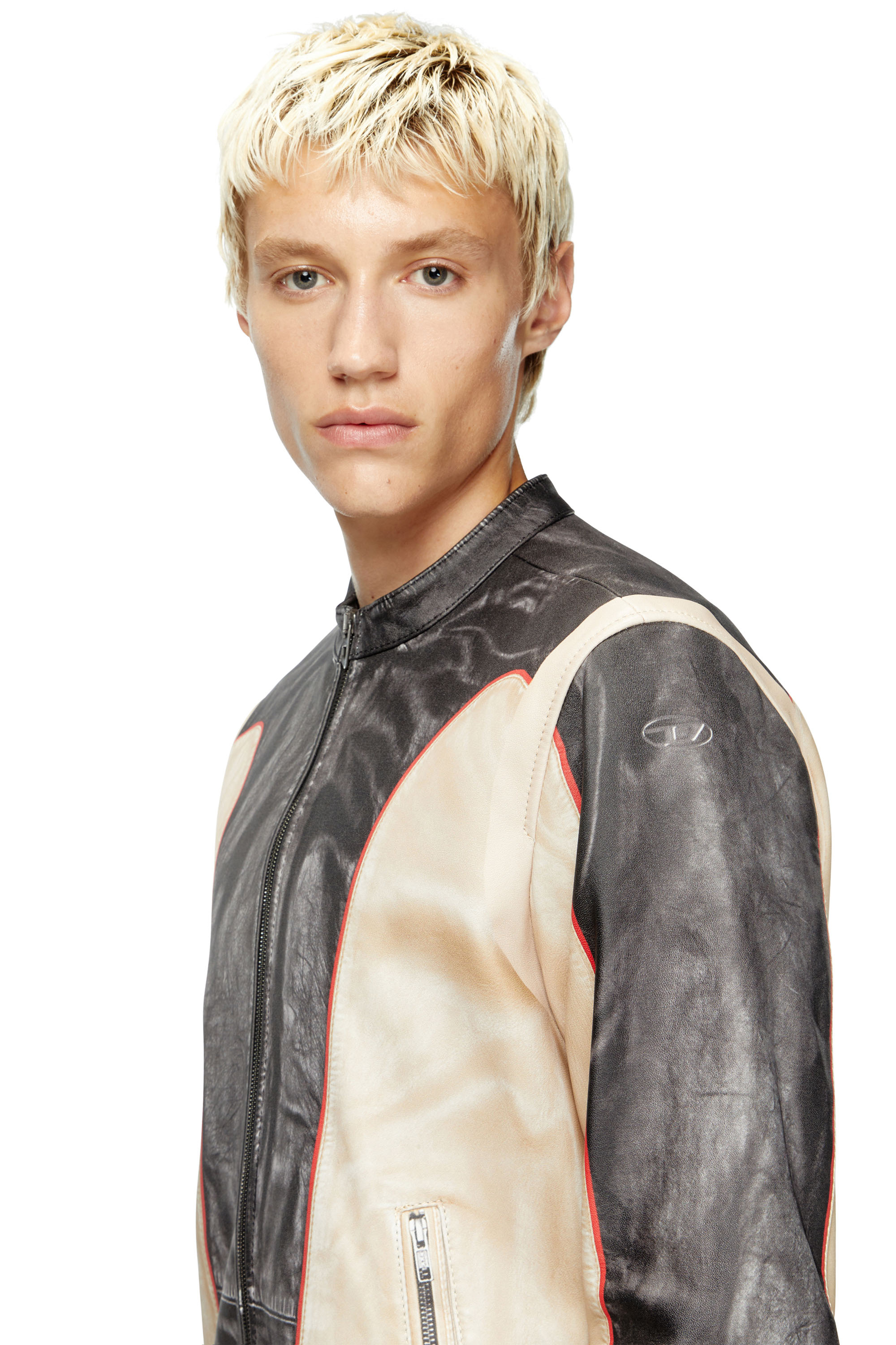 Diesel - L-EVERT, Male's Trompe l'oeil-effect leather biker jacket in Beige/Black - 4