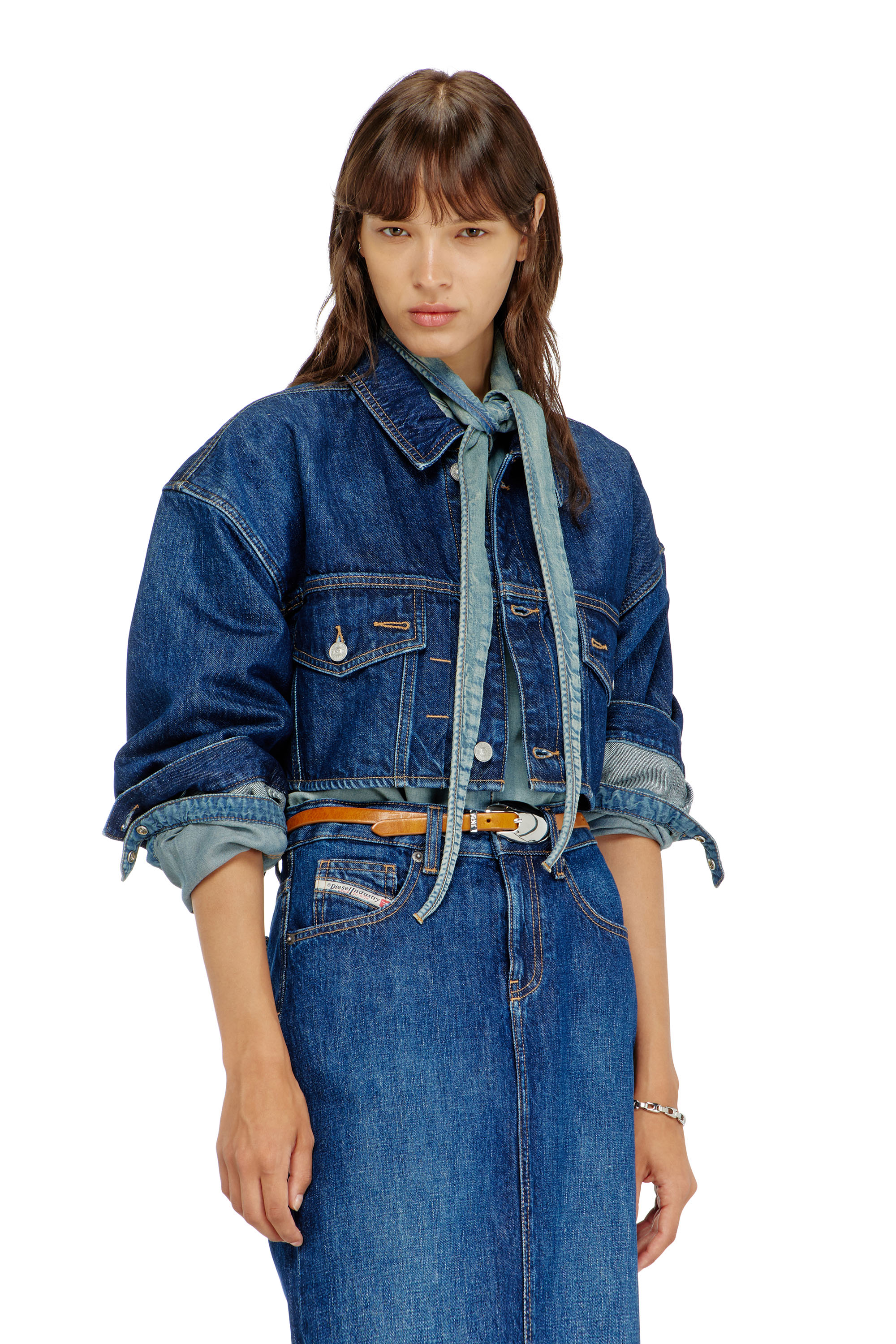 Diesel - DE-MALLEY, Chaqueta trucker denim cropped oversize Mujer in Azul marino - 1