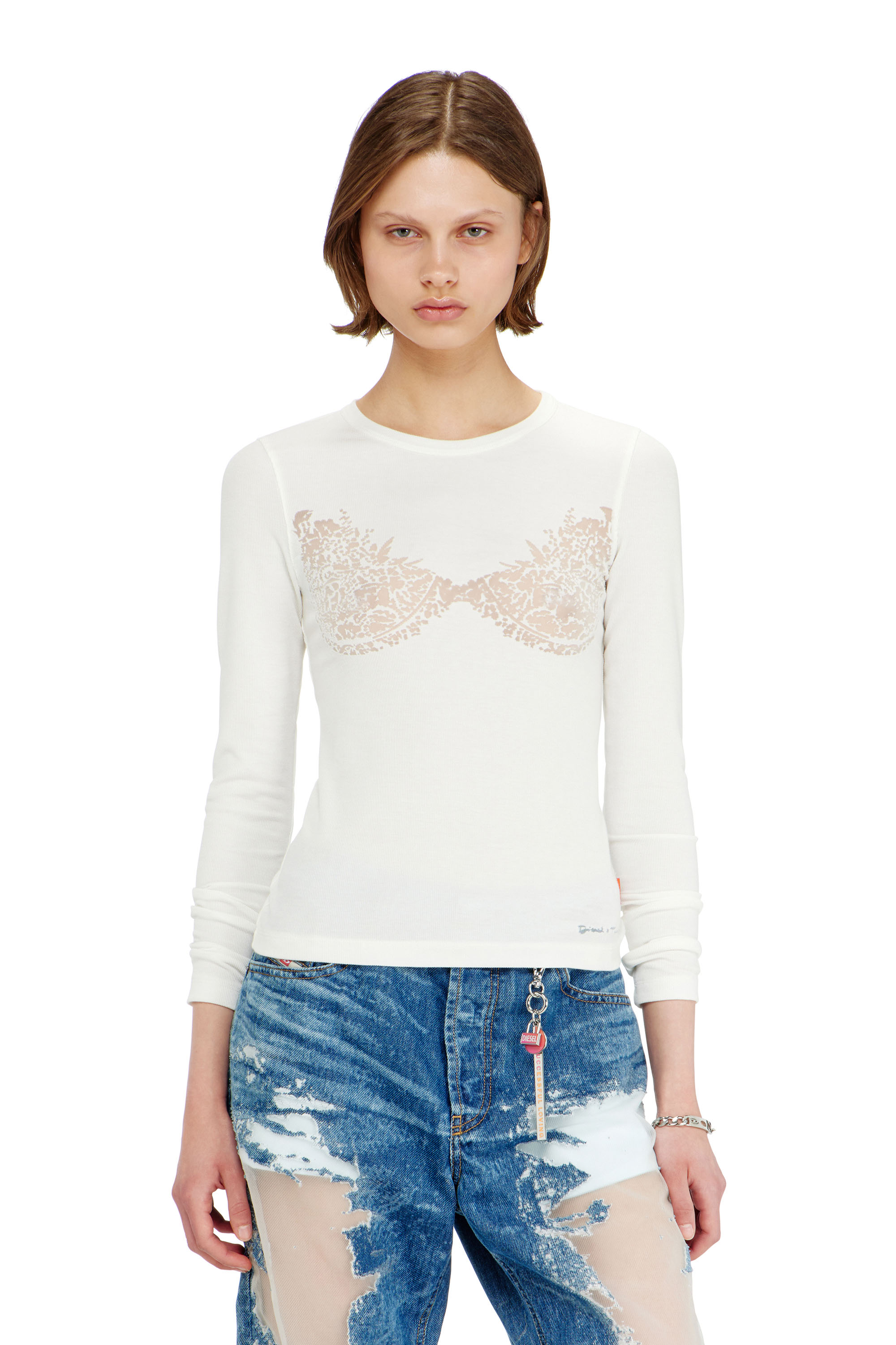 Diesel - PR-T-MOKKI-LS-R, Top avec effet dentelle devor&eacute; Femme in Blanc - 3