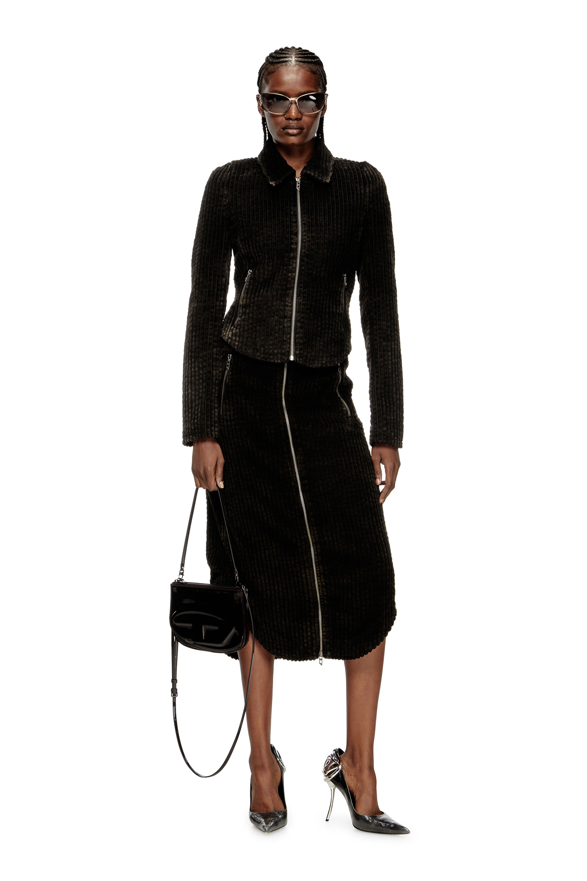 Diesel - O-LLIPOP, Jupe midi en coton avec zip Femme in Noir - 2