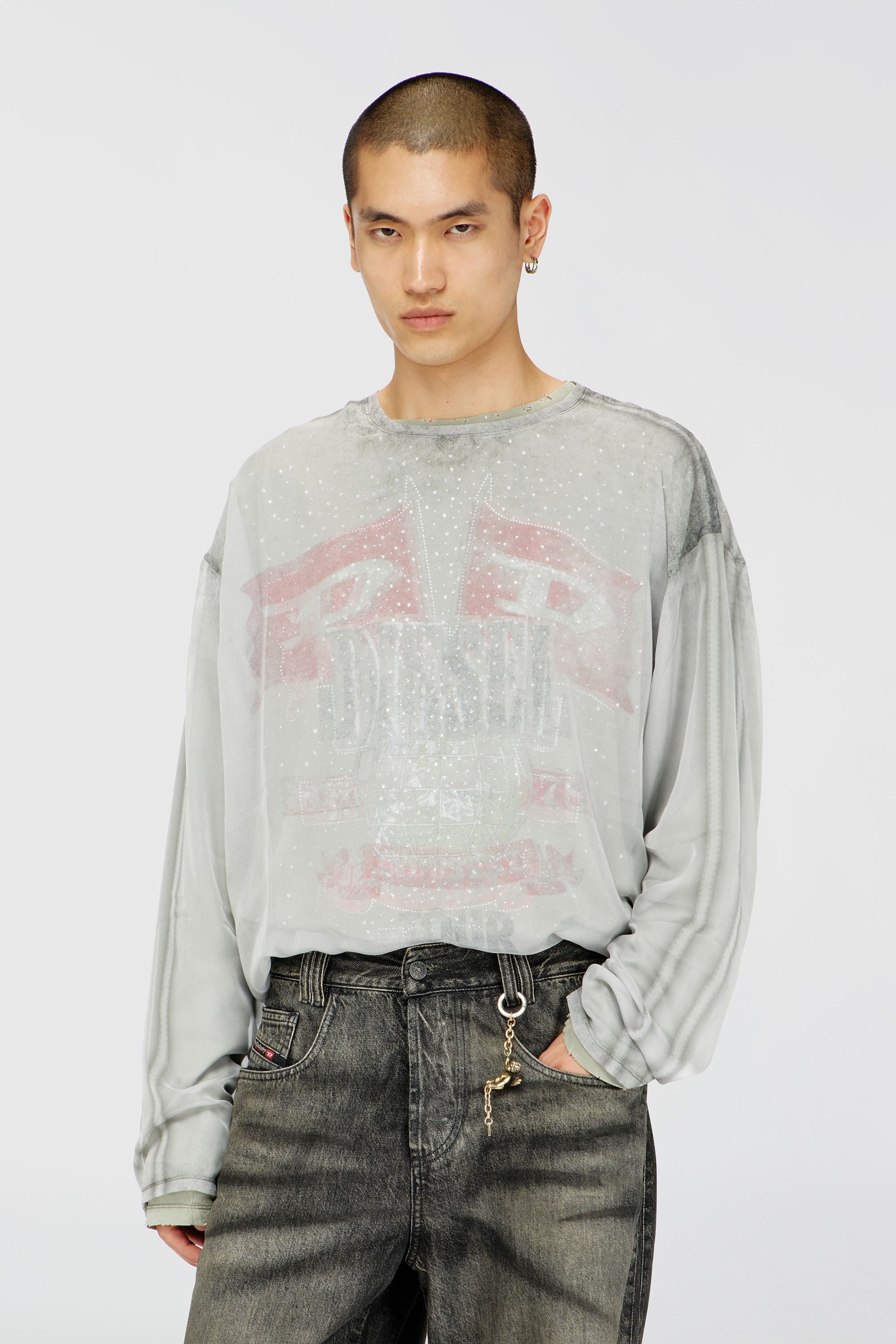 Diesel - T-DOUBLEX-LS, Man's Sheer chiffon top with concert graphics in Light Grey - 1