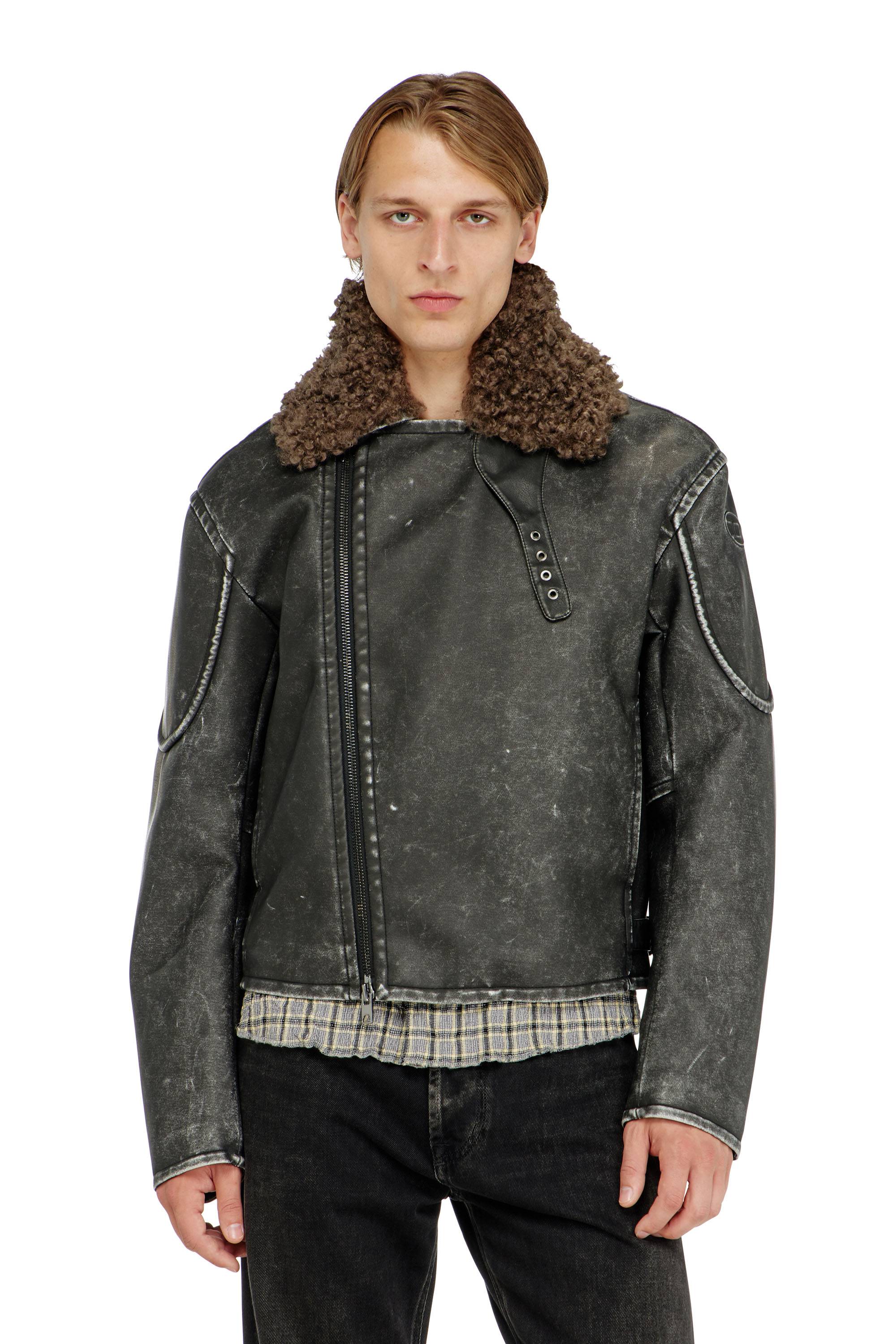 Diesel - W-ALEX, Male's Biker jacket with detachable collar in Dark Grey - 6