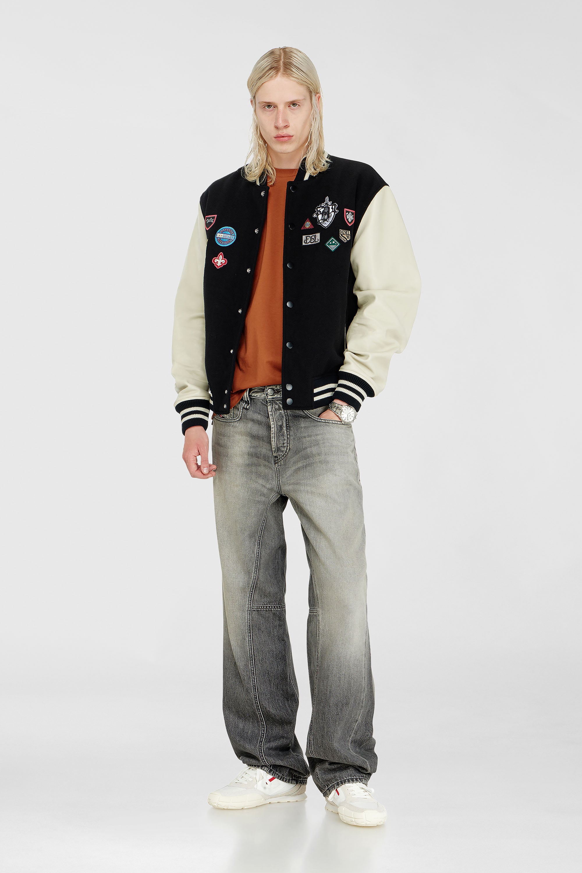 Diesel - L-ARRY-PATCH, Male's Wool and leather bomber jacket with patches in White/Black - 2