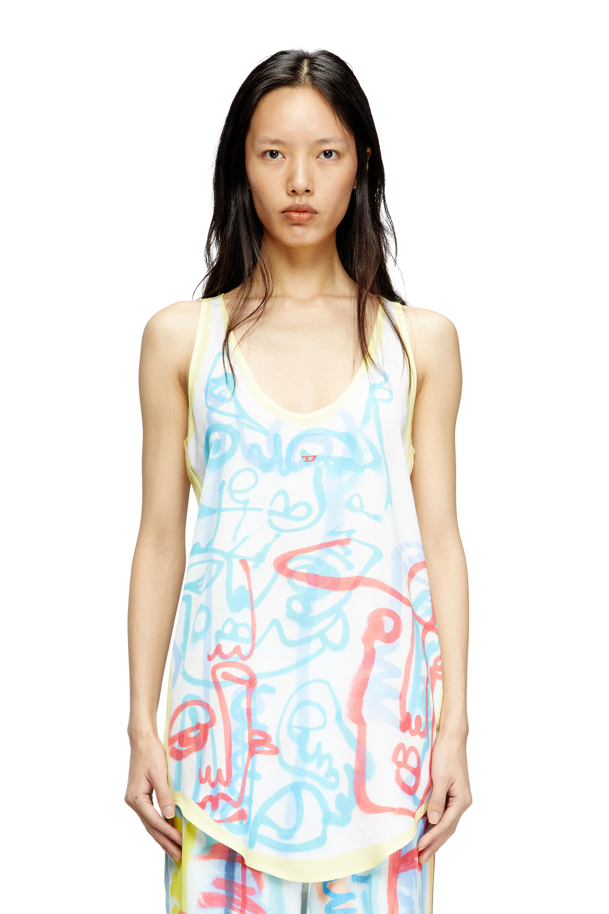 Diesel - D-LINZ-GRAFFITI-AFR, Woman's Satin tank top with graffiti print in White/Yellow - 1