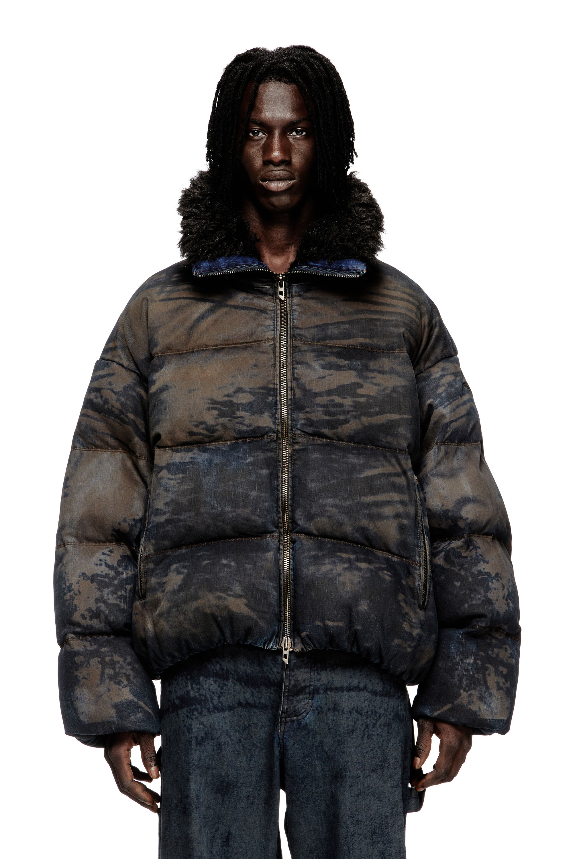 Diesel - W-JOHNS, Male's Puffer jacket in dirt-effect camo denim in Black/Brown - 1