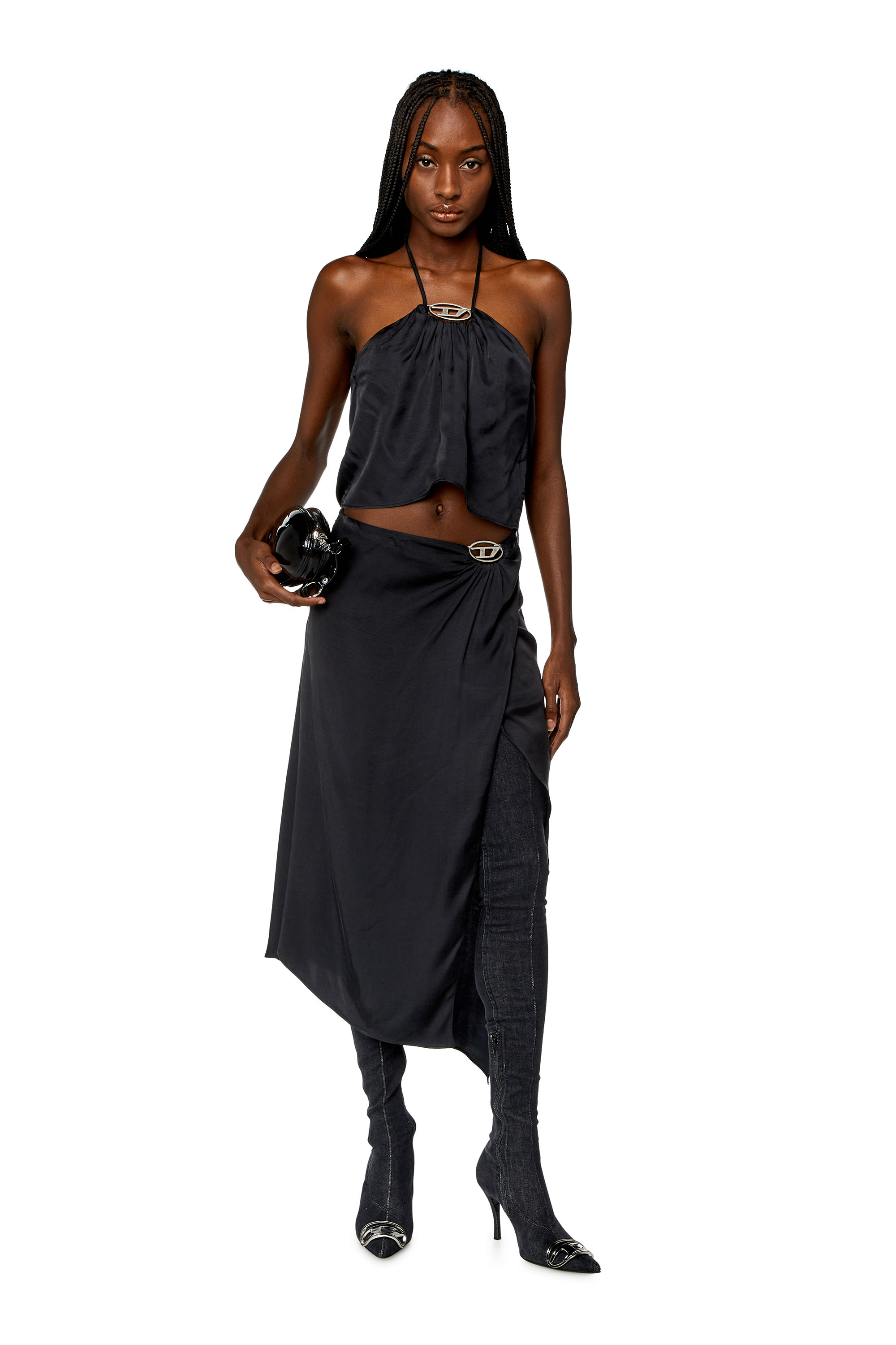 Diesel - O-STENT-N1, Woman's Asymmetric midi skirt in satin in Dark grey - 1