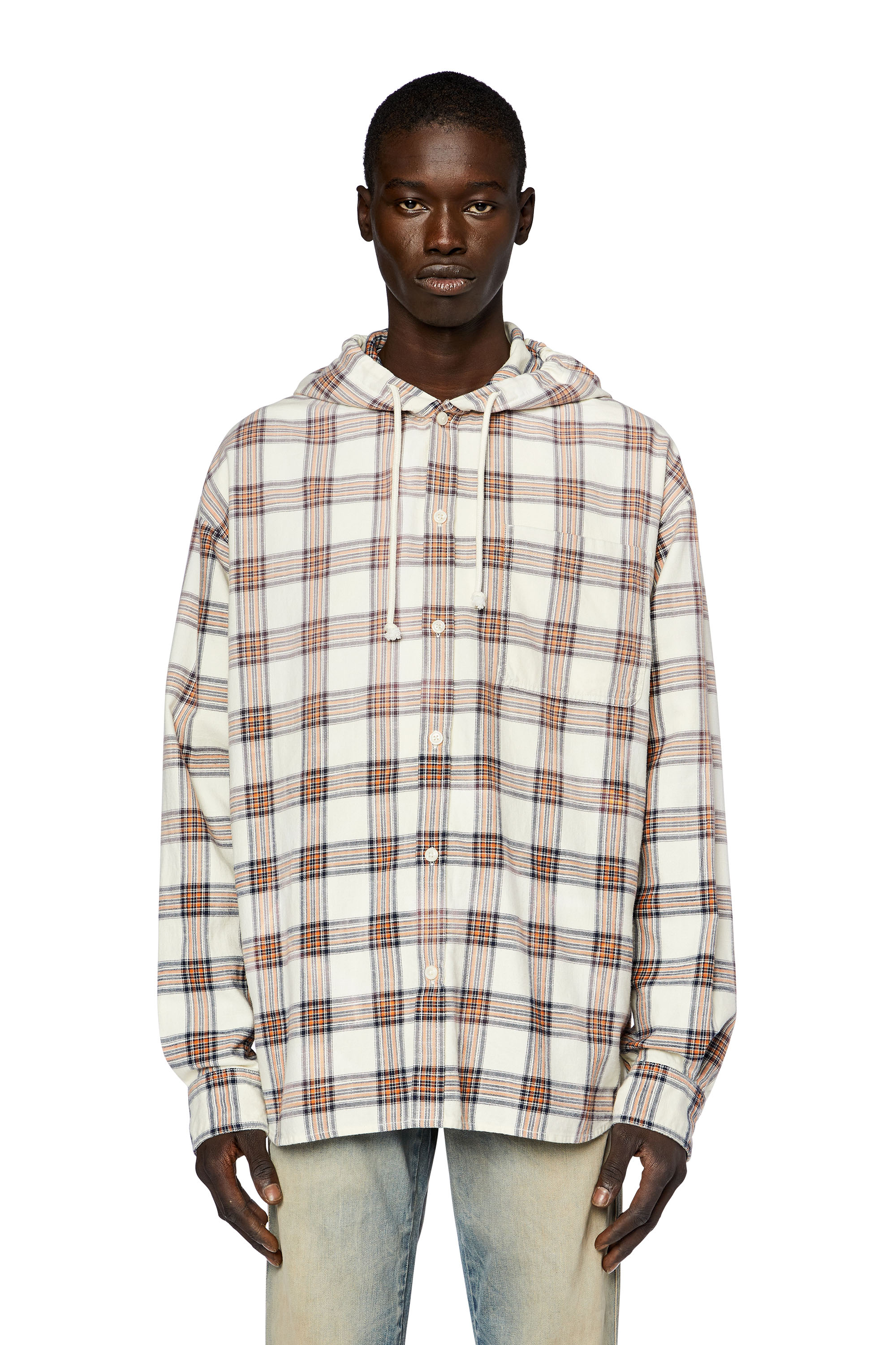 Diesel - S-DEWNY-HOOD, Man's Hooded overshirt in check cotton flannel in Orange/White - 6