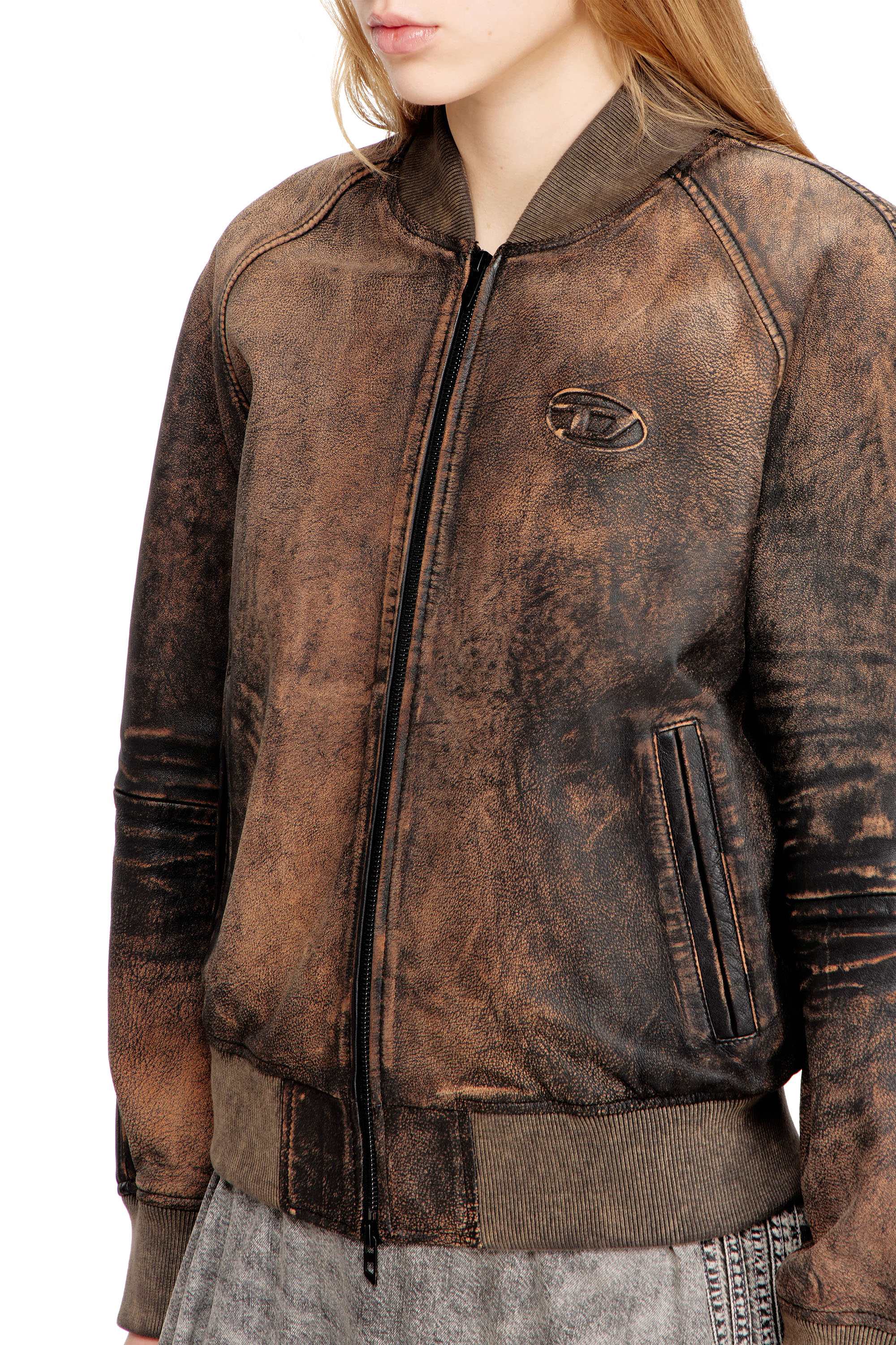 Diesel - L-COBB-FEM, Woman's Bomber jacket in distressed leather in Brown - 4