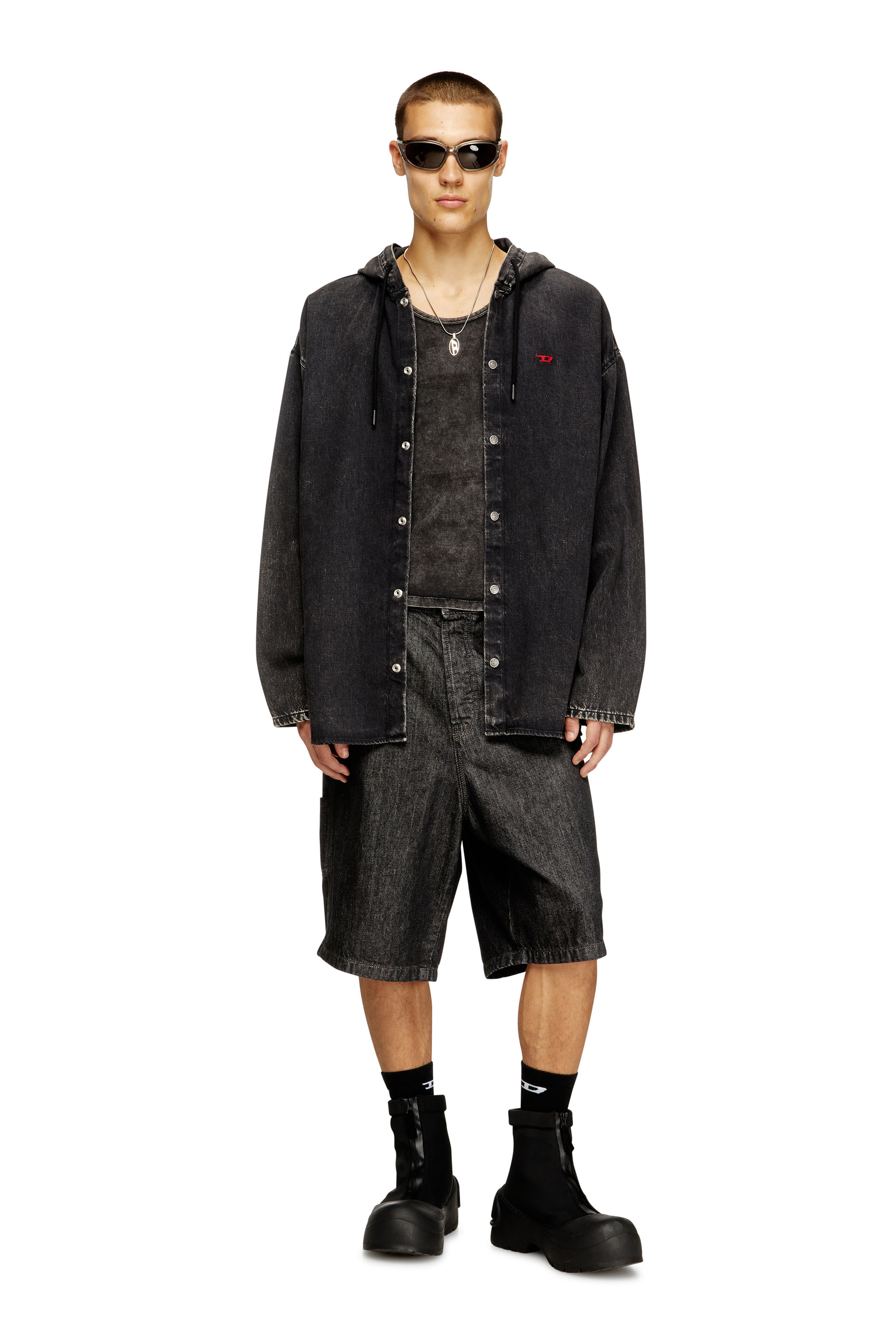 Diesel - D-DEWNY-HOOD, Man's Hybrid shirt in Tencel denim in Black - 2