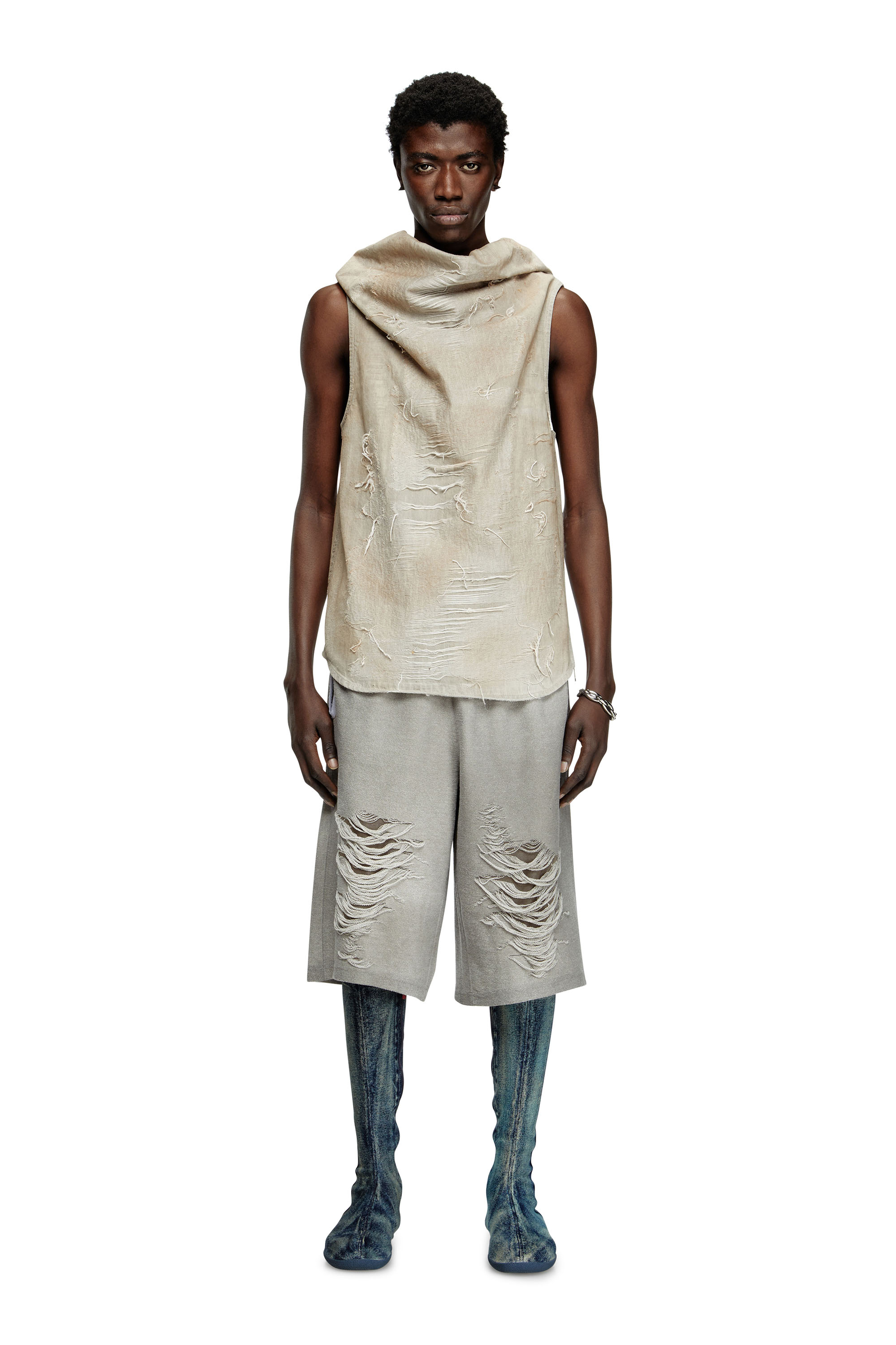 Diesel - D-TASTON-FSG, Man's Muscle Tee in micro-distressed jacquard denim in Light Grey - 1