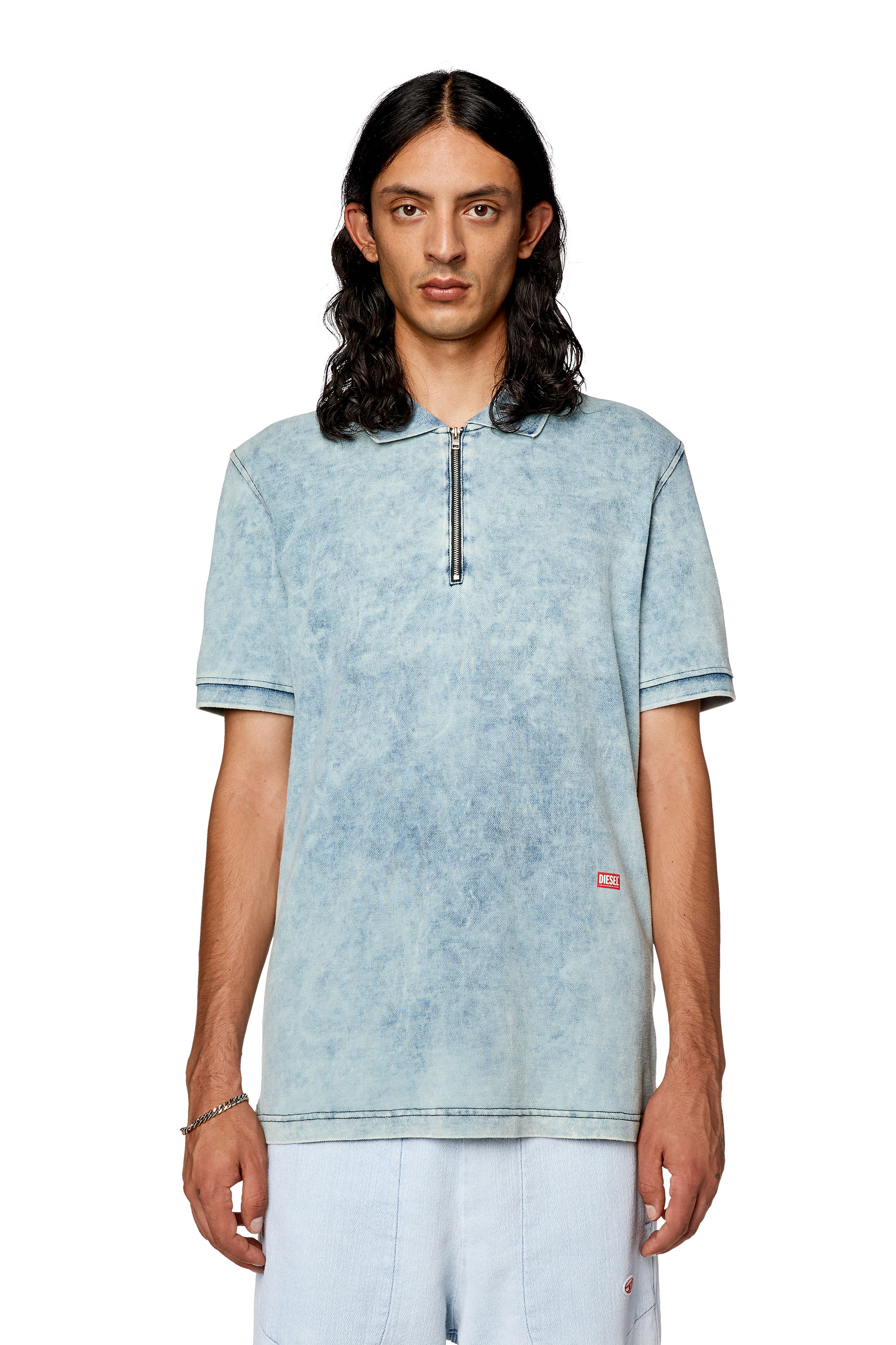 Diesel - T-SMITH-ZIP, Man's Polo shirt in faded piqu&eacute; in Light Blue - 5