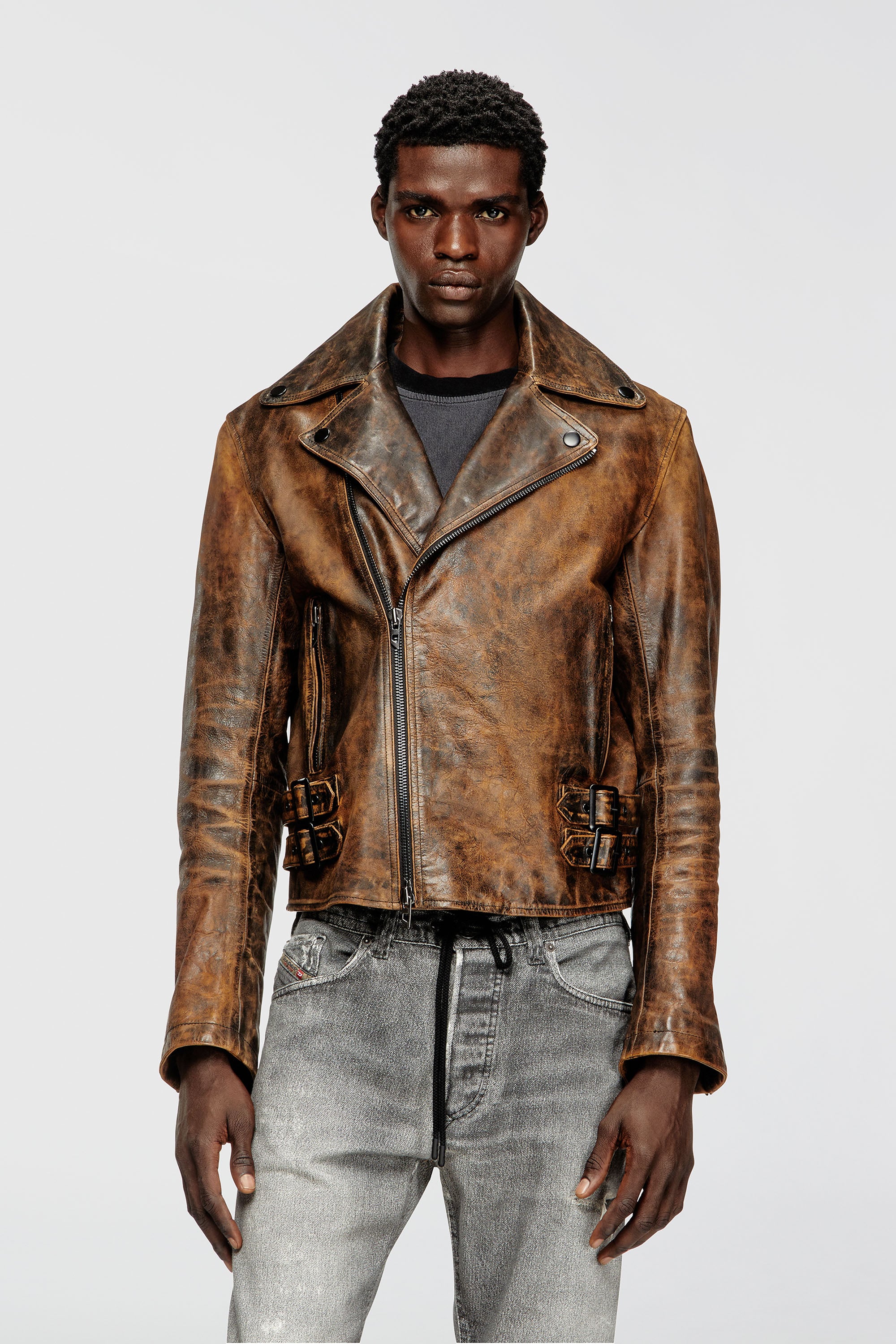 Diesel - L-EON, Man's Biker jacket in treated leather in Brown - 1