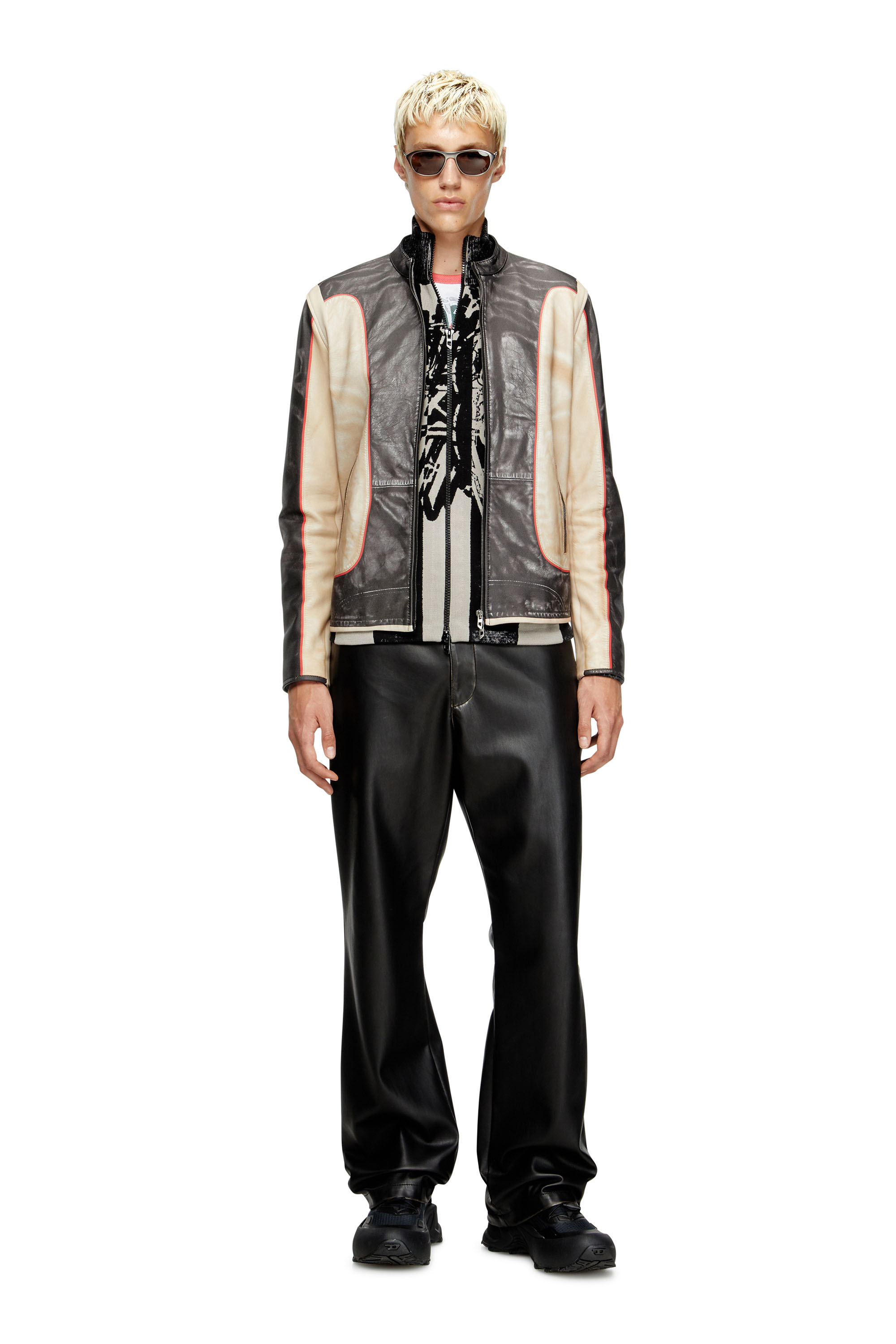 Diesel - L-EVERT, Male's Trompe l'oeil-effect leather biker jacket in Beige/Black - 1