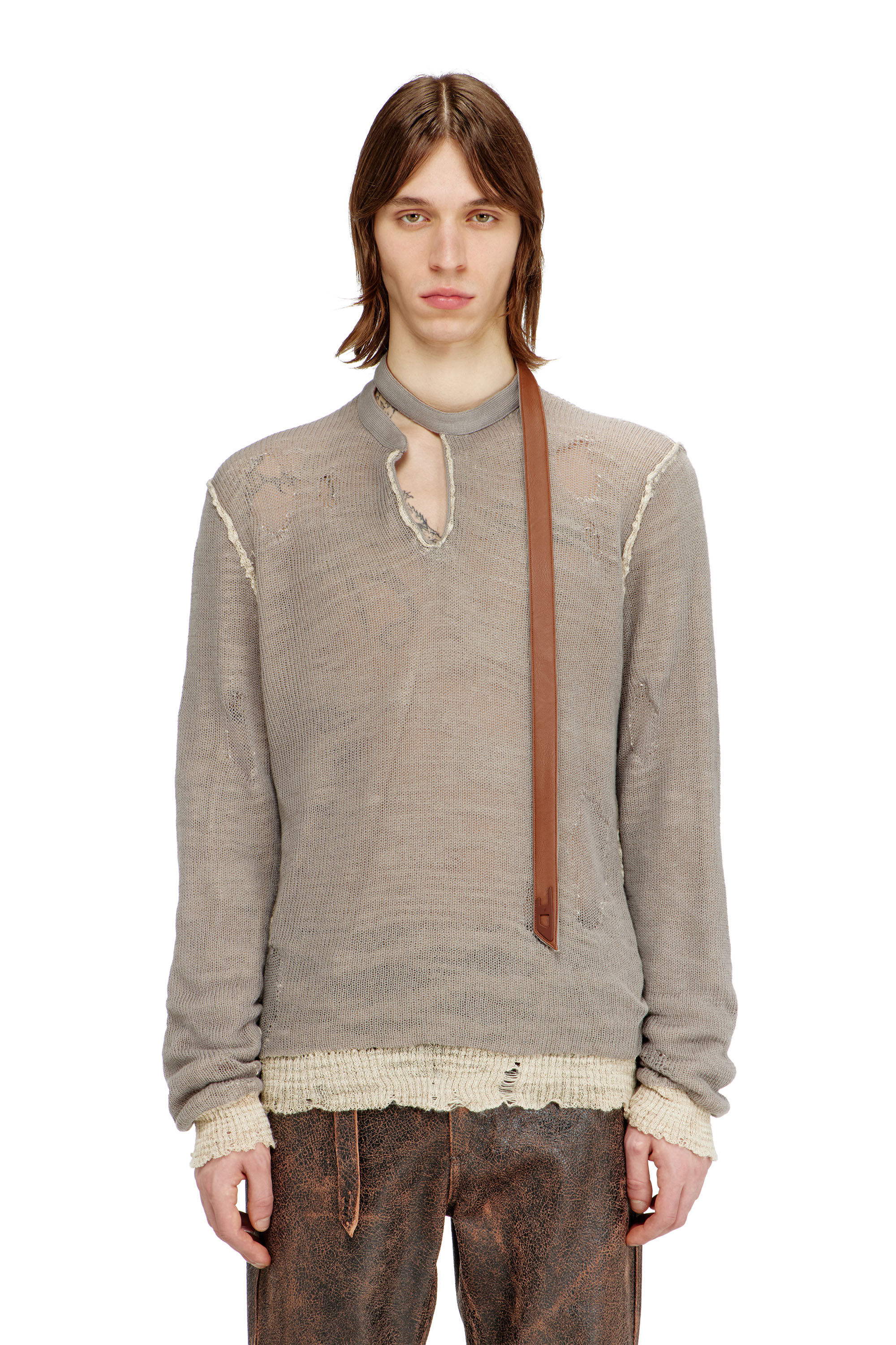 Diesel - K-DAIANERIS, Male's Distressed jumper with biker neck strap in Brown - 1