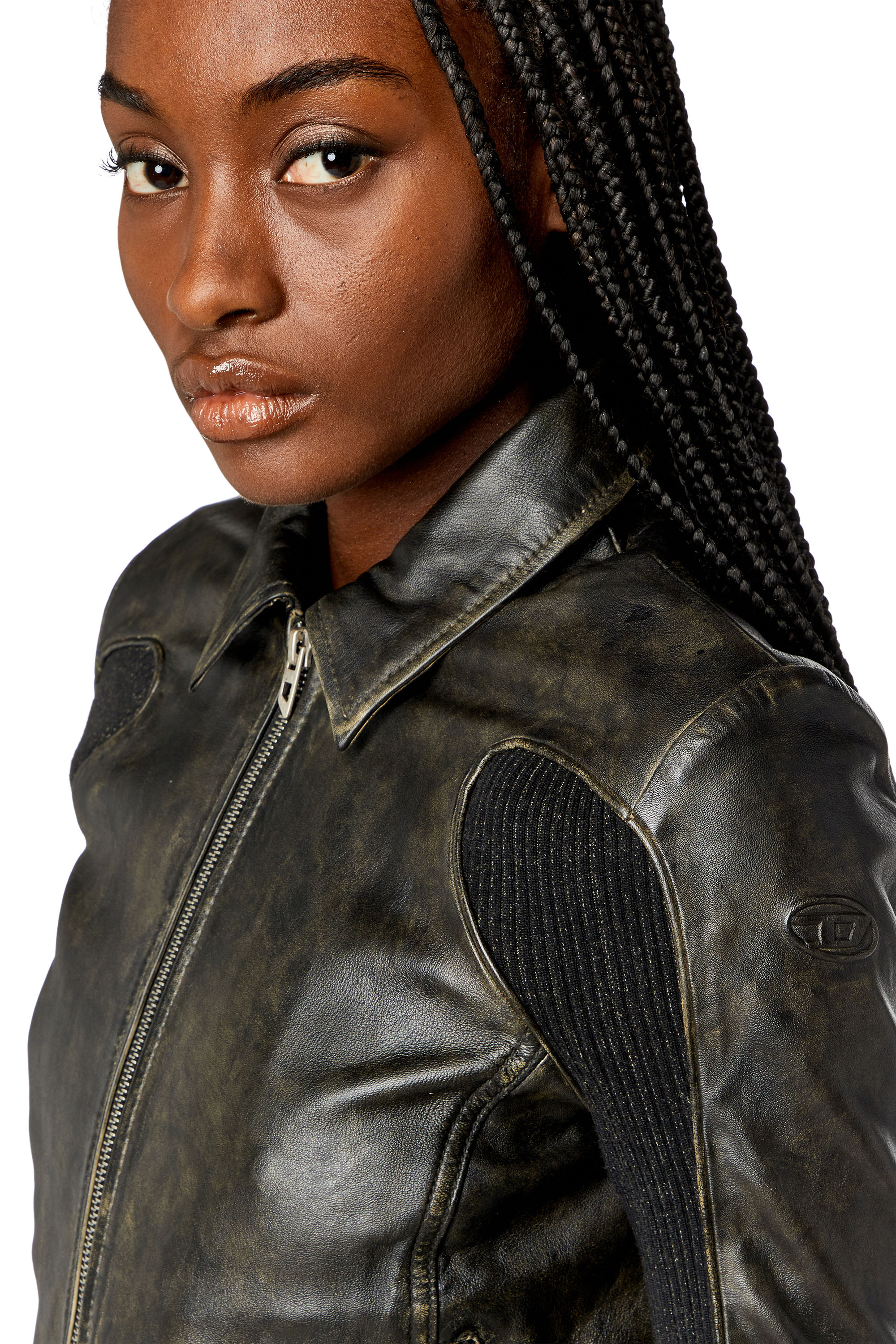 Diesel - L-TOTEM, Woman's Cropped leather jacket with knit panels in Black/Brown - 4