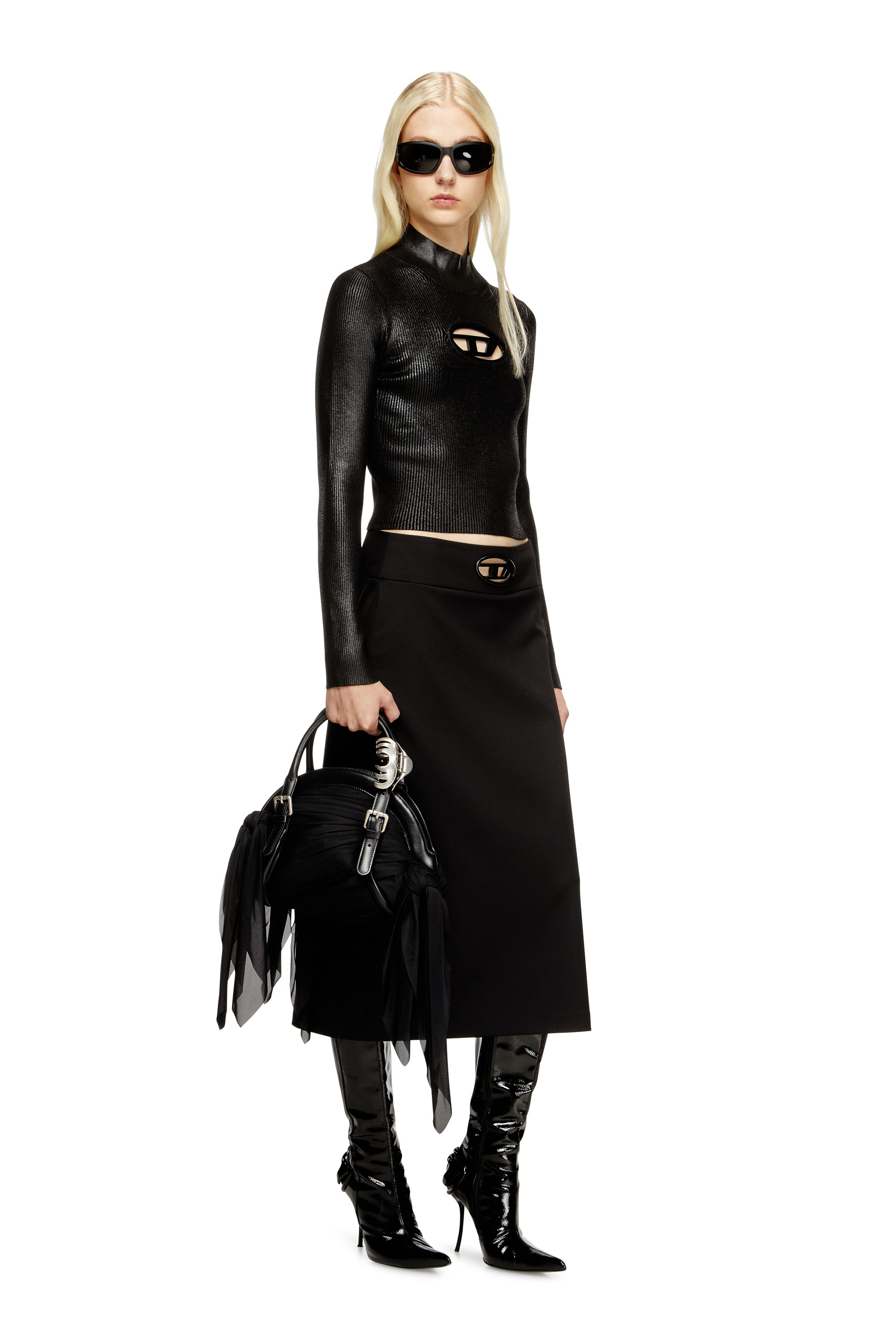 Diesel - M-VALARI-TN, Female's Ribbed-knit turtleneck with shiny effect in Black/Silver - 2