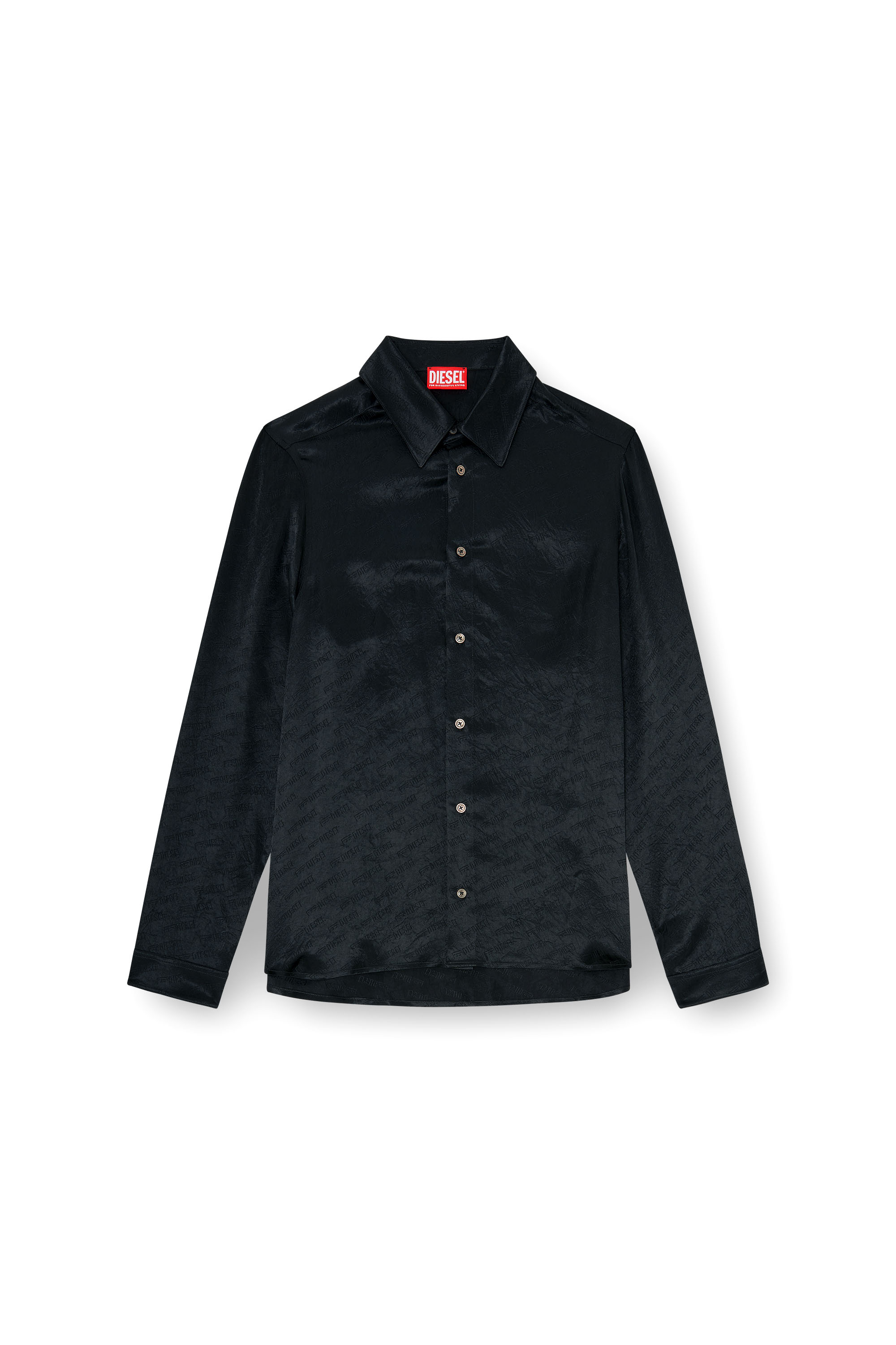 Diesel - S-KINNY-EFBZ, Man's Shirt in logo-jacquard crinkled satin in Black - 3