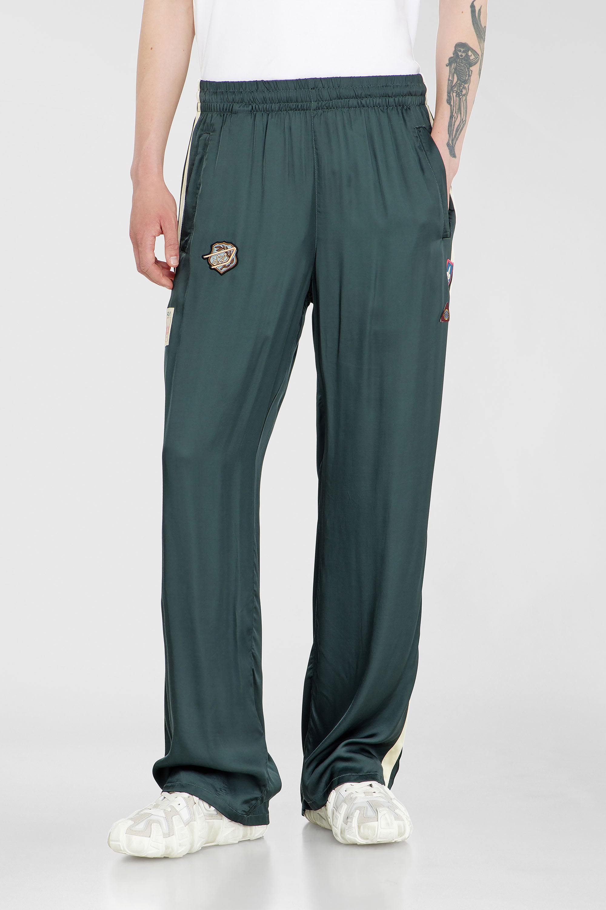 Diesel - P-ANNU, Man's Satin track pants with patches in Dark Green - 3