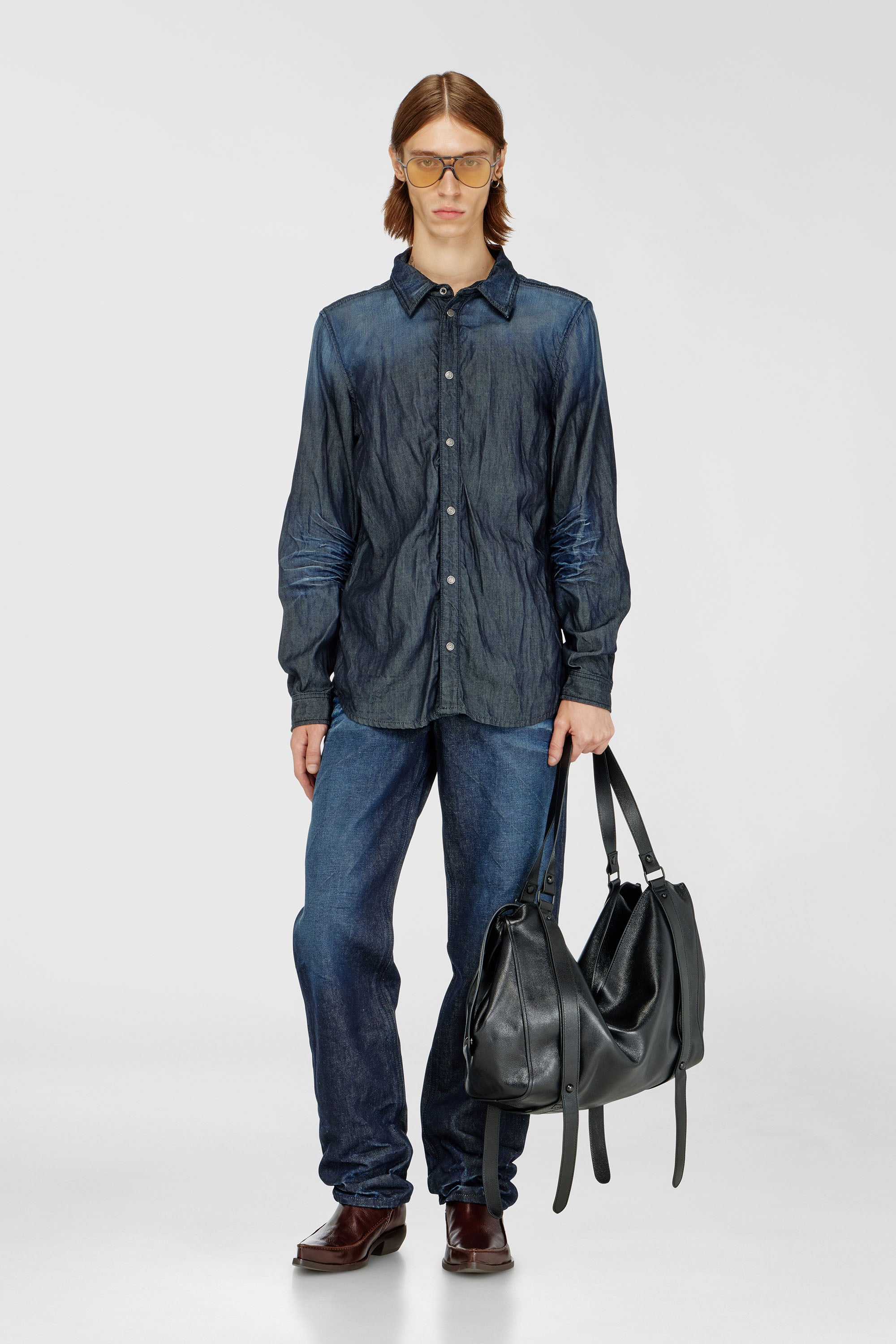 Diesel - D-SYNAR-FSJ1, Male's Shirt in creased denim in Dark Blue - 2
