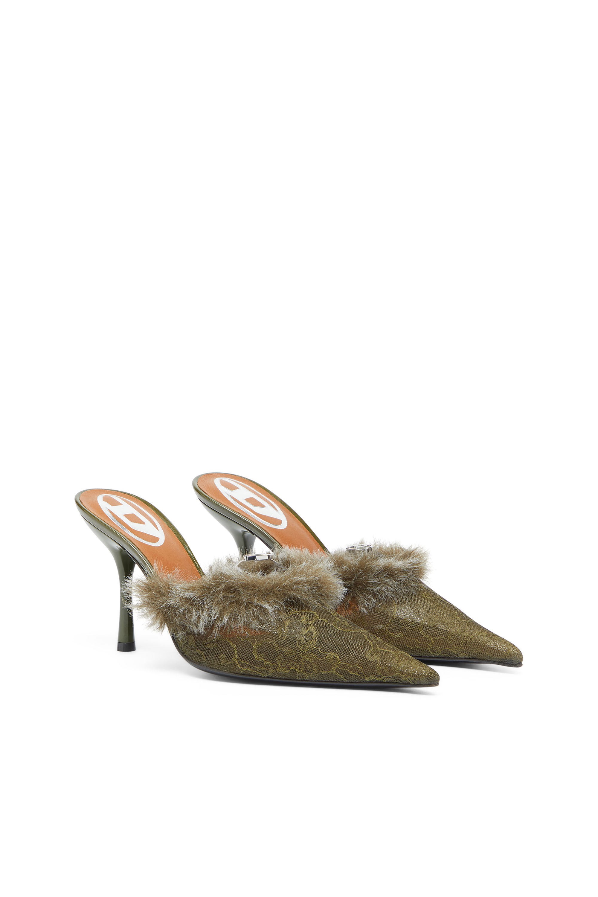 Diesel - D-JEWELS  MULE FUR 90, Female's D-Ten&Half - Mules in nylon with fuzzy trim in Military Green - 2