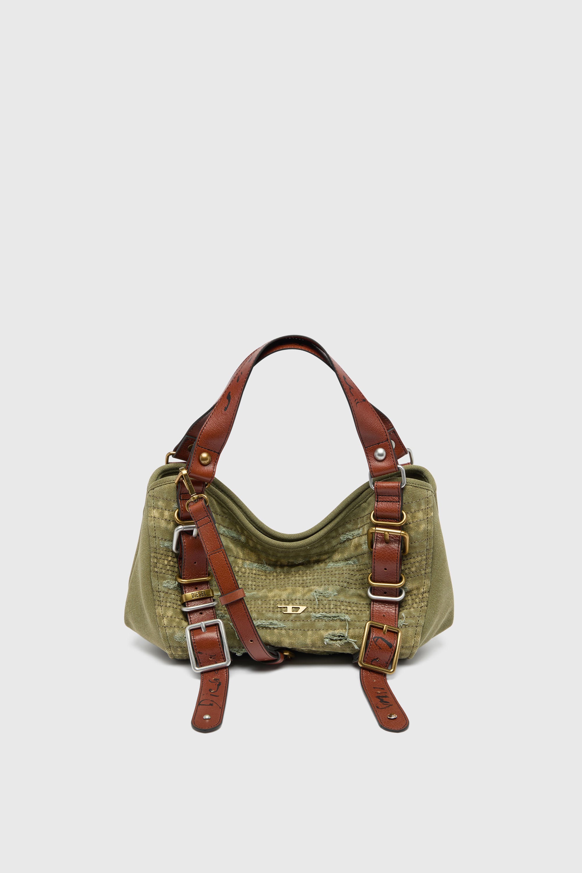 Diesel - D-ONE TOPHANDLE S, D-One-Small bolso de mano peque&ntilde;o en lona desgastada y piel Mujer in Verde - 1