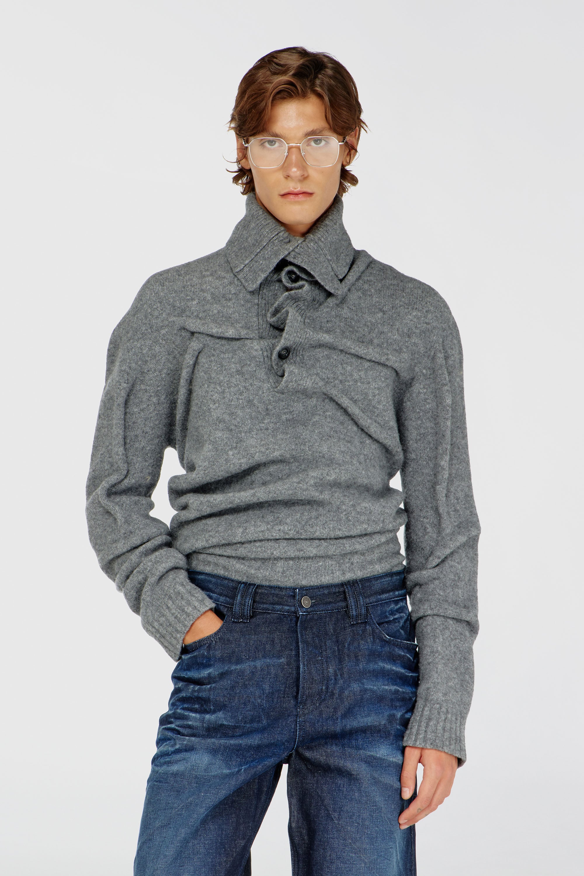 Diesel - K-ANDREW, Male's Button-neck jumper in wrinkled boiled knit in null - 1