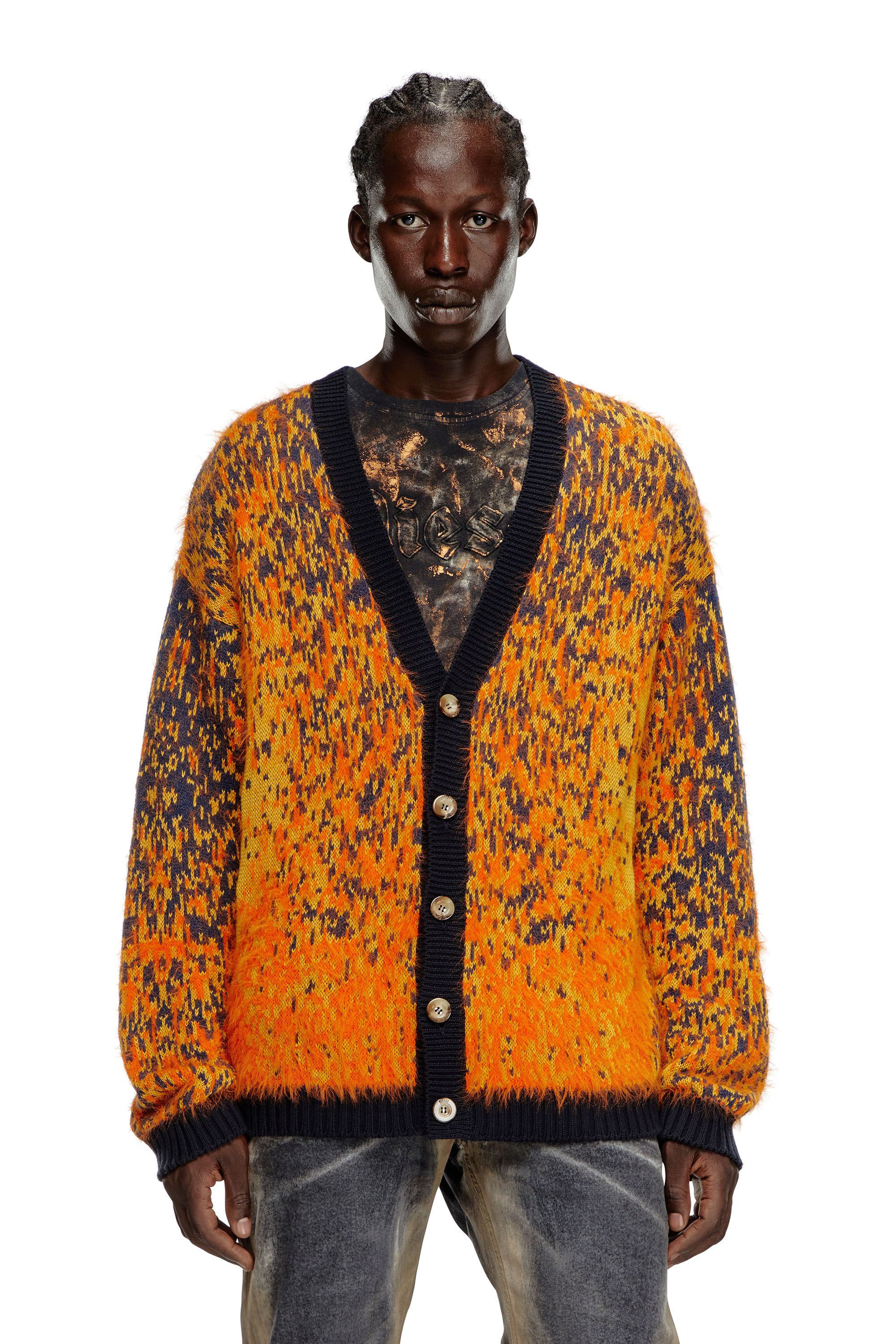Men's Fuzzy cardigan with abstract pattern | Orange | Diesel