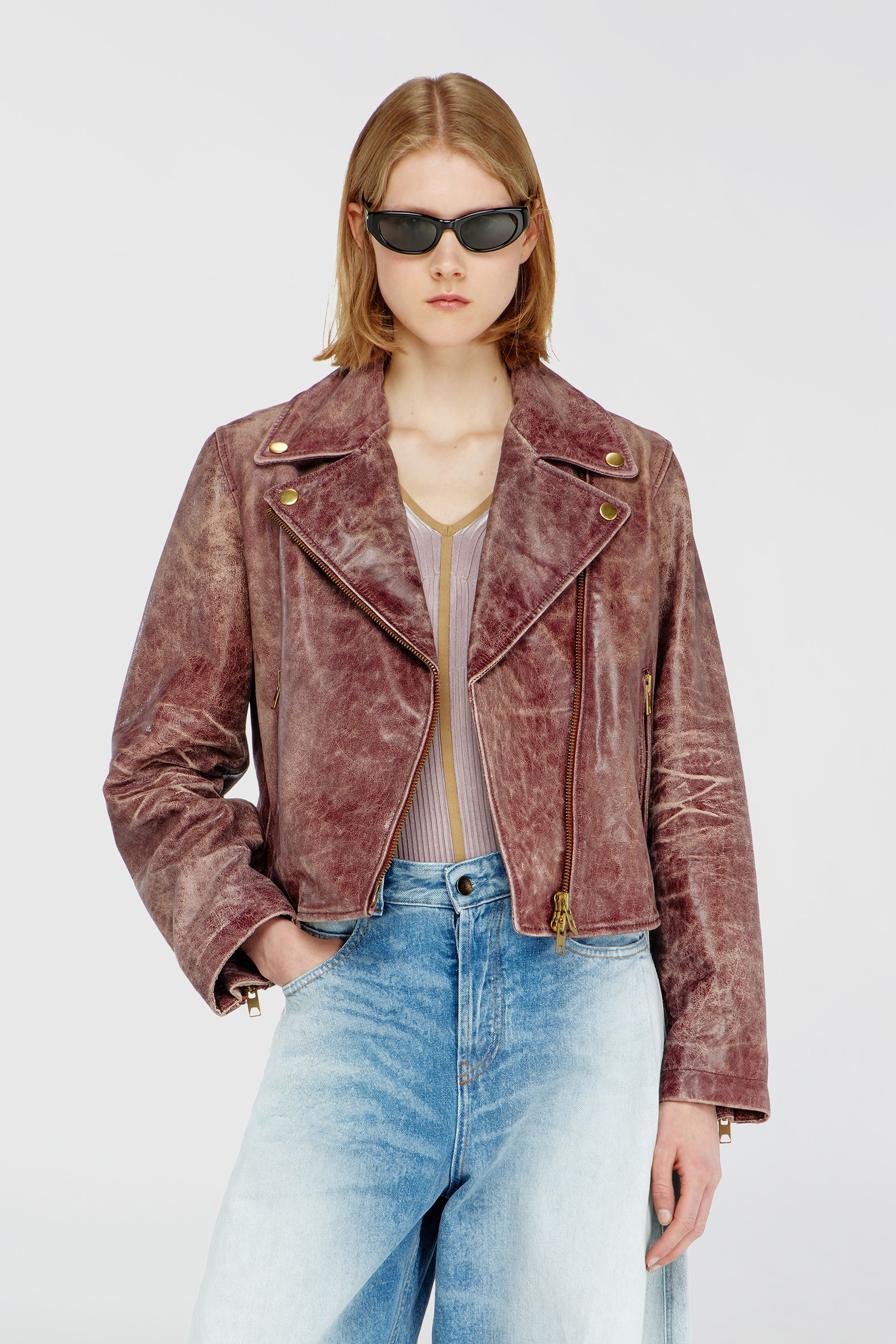 Diesel - L-UNATIC-T1, Woman's Biker jacket in treated leather in Brown - 3